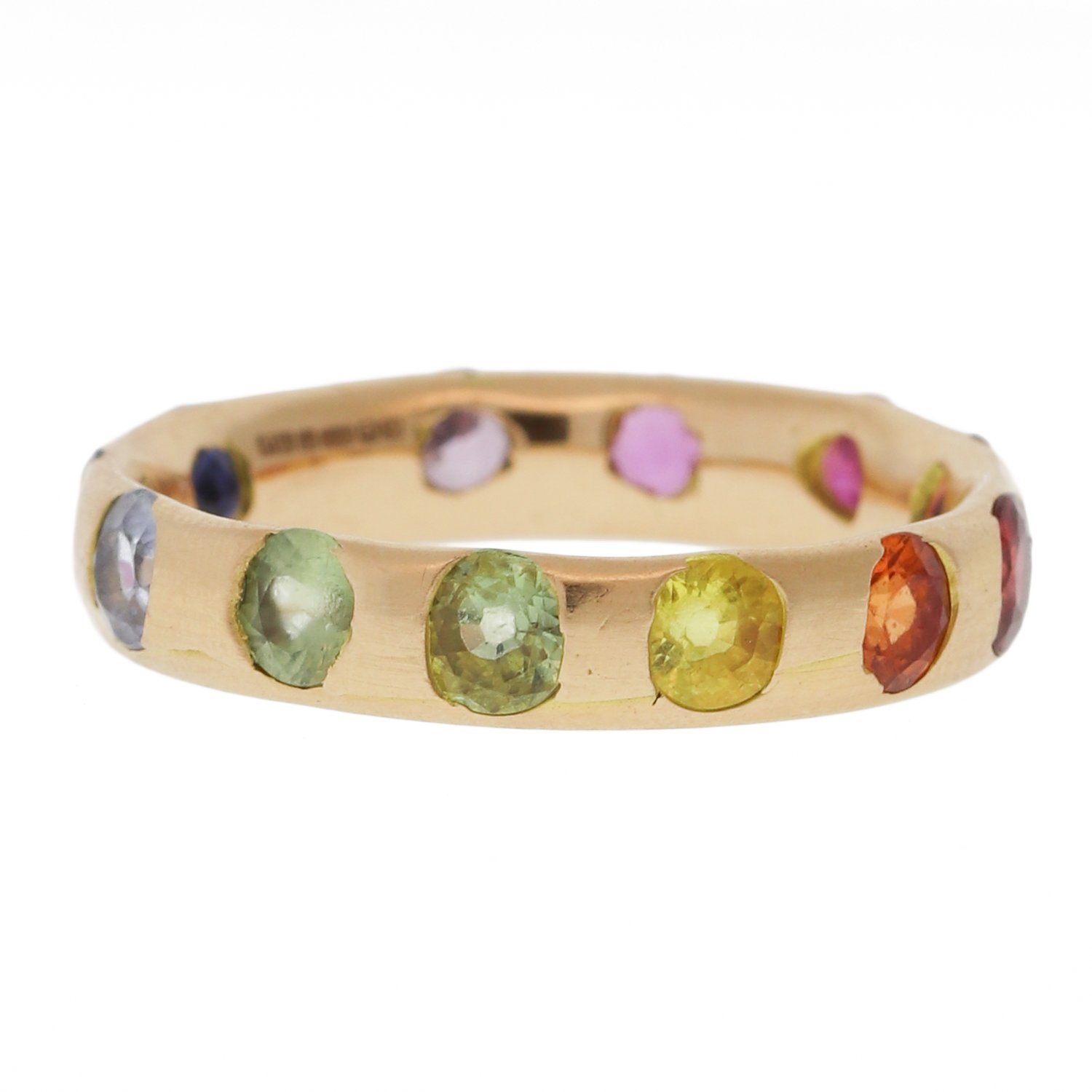 Polly Wales: Narrow Crystal Ring with Rainbow Sapphires in 18K Rose Gold, Size 7