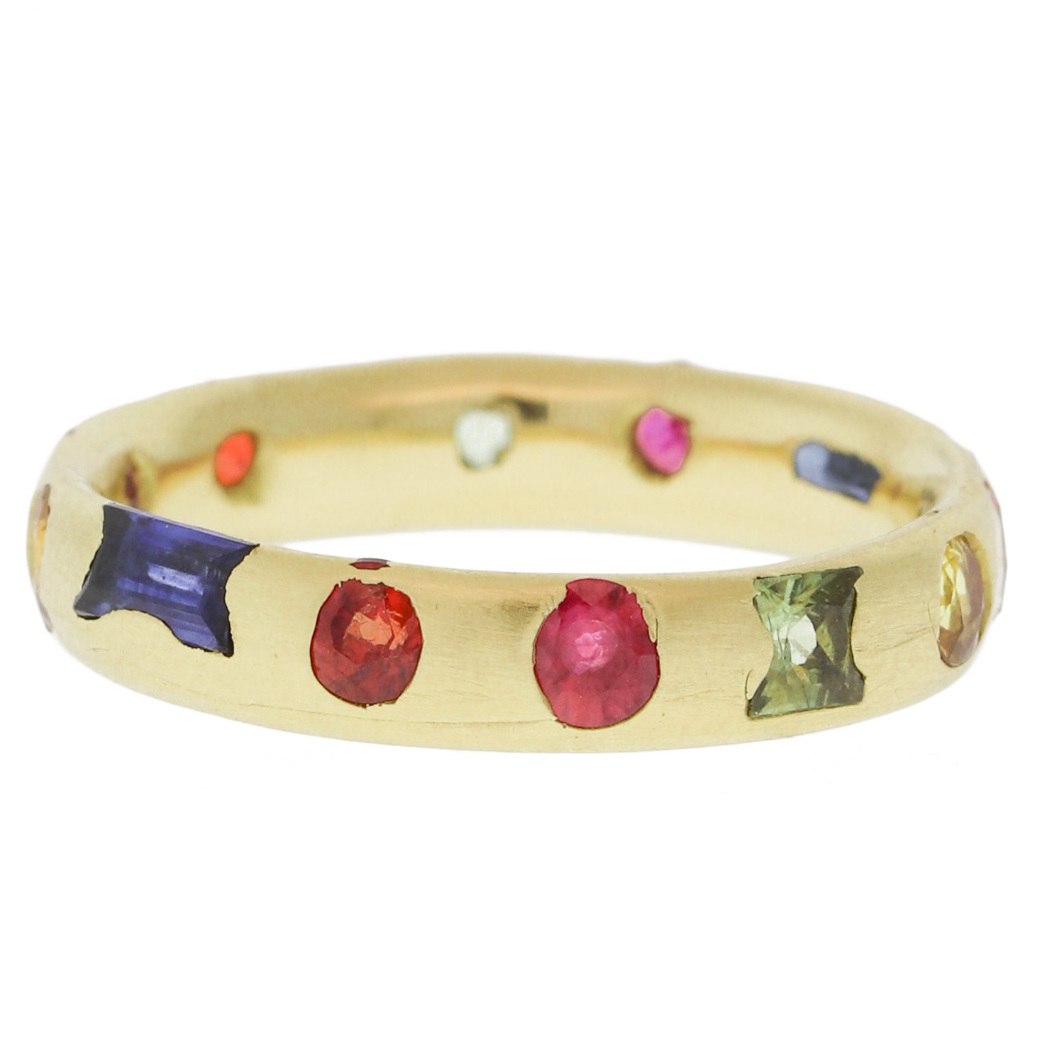 Polly Wales: Narrow Crystal Ring with Harlequin Sapphires in 18K Yellow Gold, size 6.5