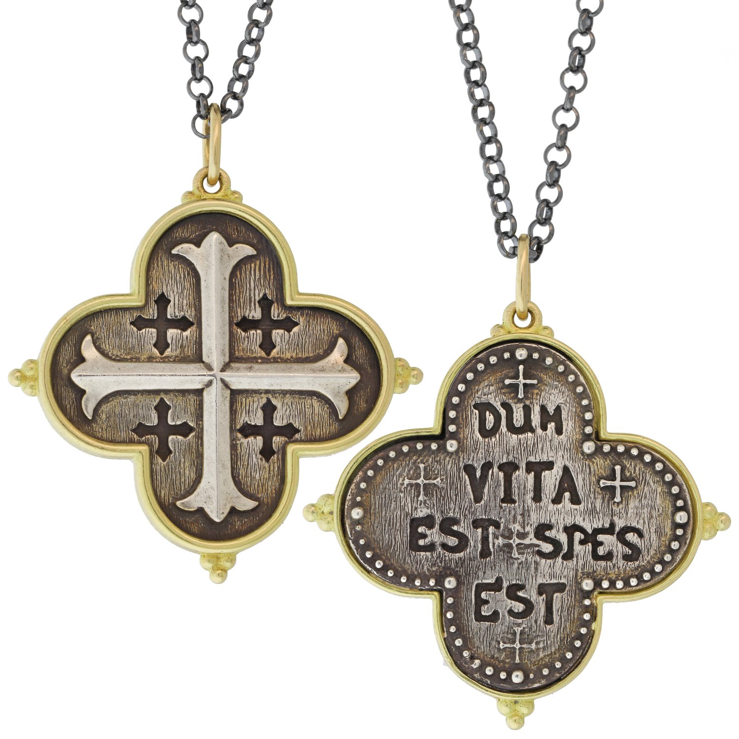 Erica Molinari: SS & 18k Gold Large Latin Maltese Quaterfoil Charm "While There is Life There is Hope
