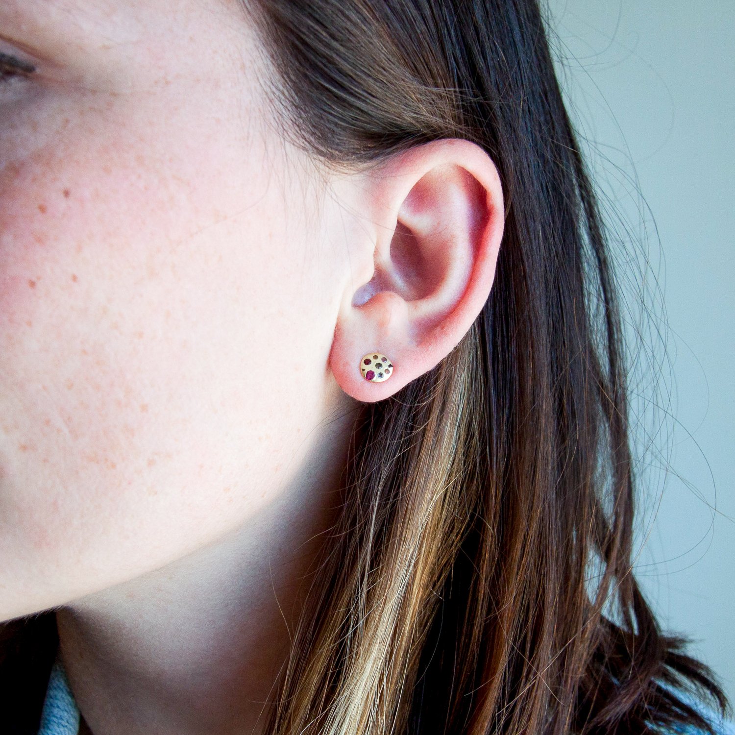 Polly Wales: 18K Medium Crystal Disc Post Earring with Rainbow Sapphires