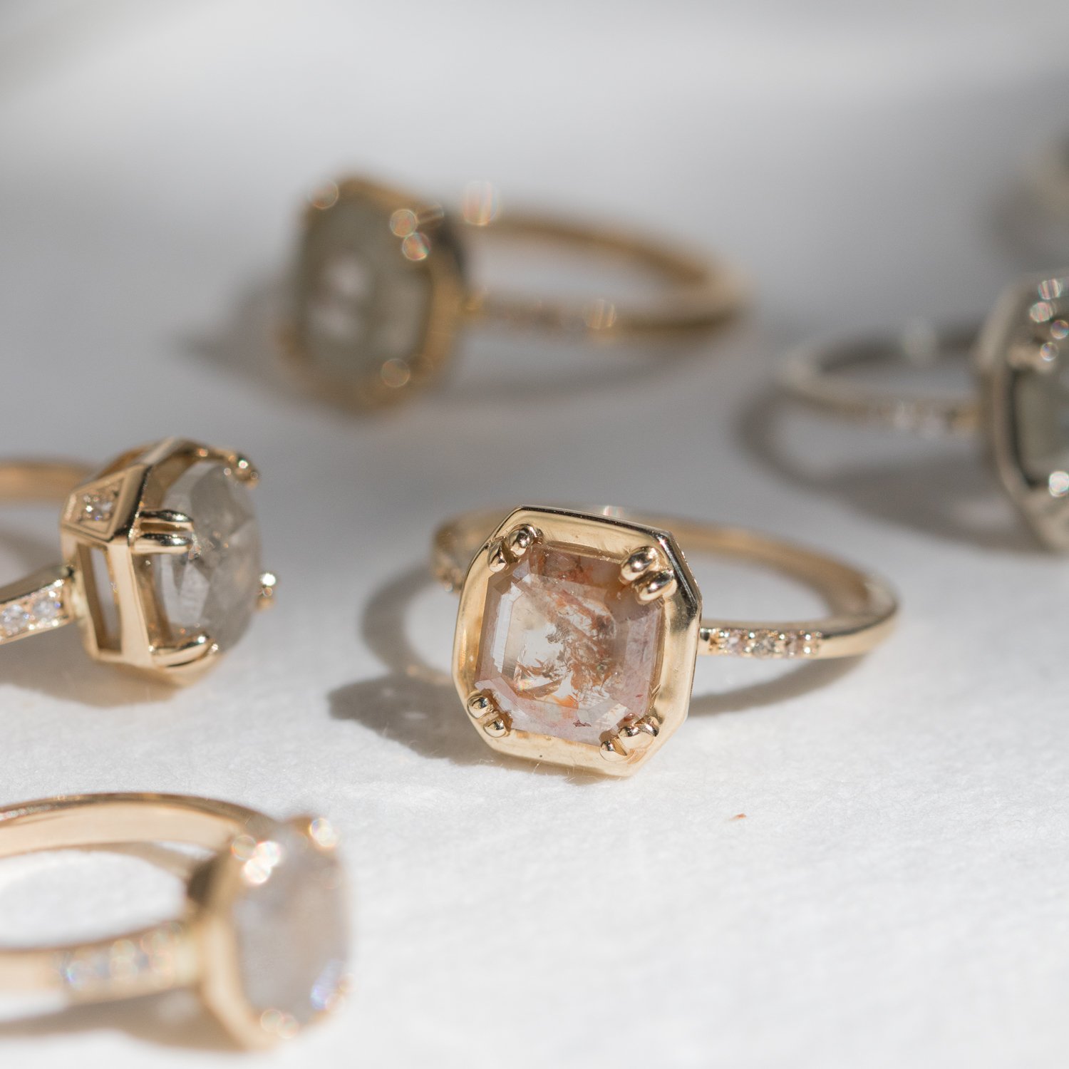 Chinchar/Maloney: MAROA ring in 14K recycled yellow gold with 1.26 carat peach and white diamond and 10 x 1.2mm champagne pave diamonds
