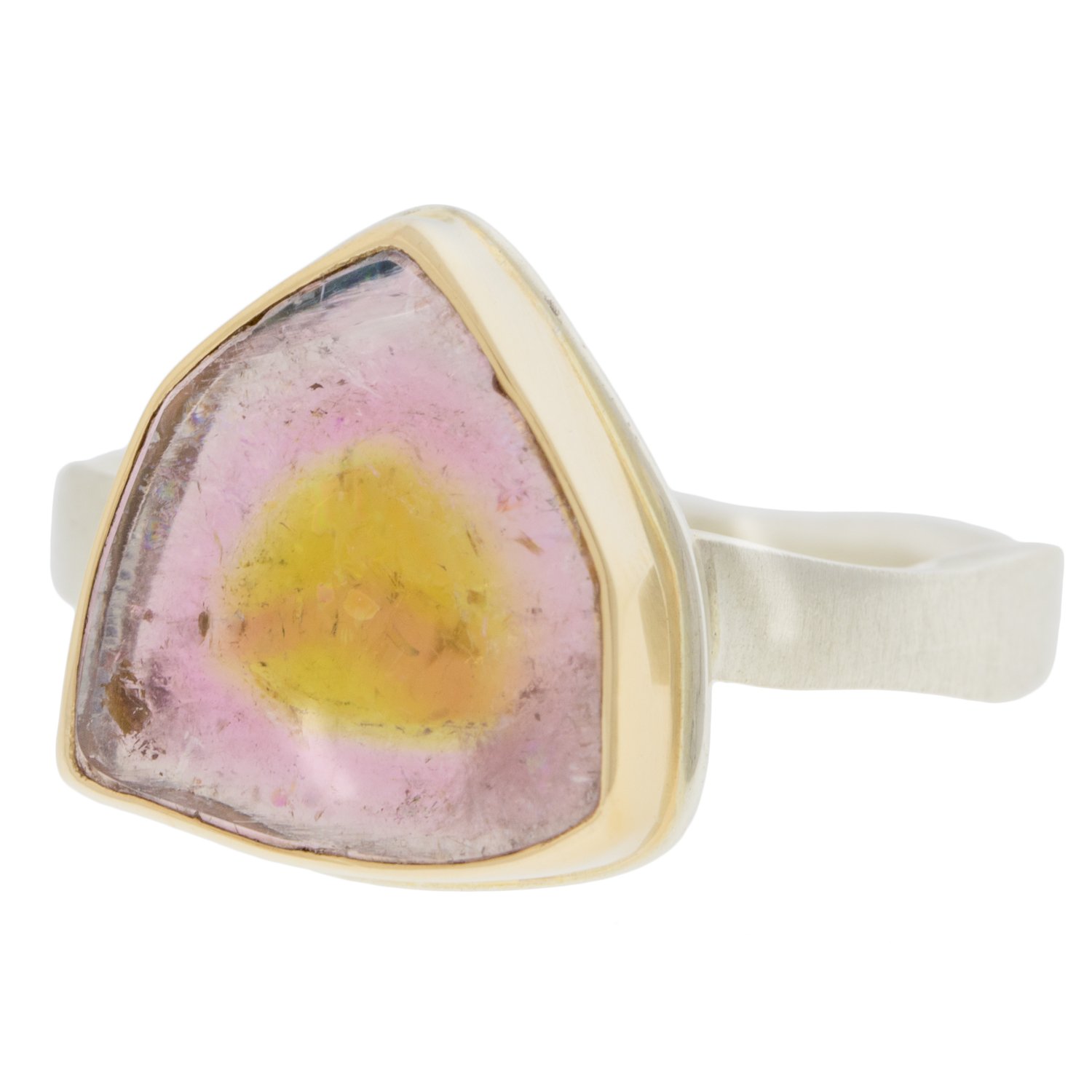 Jamie Joseph: SS & 14k Gold Ring w/ Asymmetrical Yellow/pink Watermelon Tourmaline