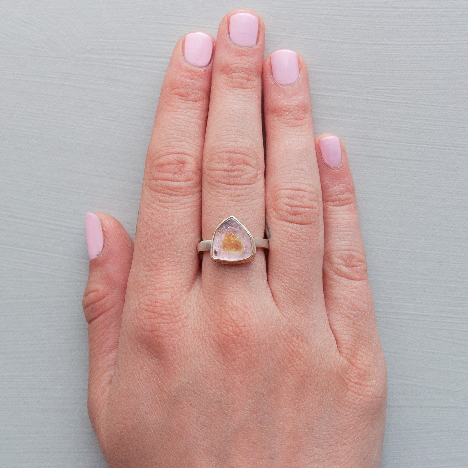 Jamie Joseph: SS & 14k Gold Ring w/ Asymmetrical Yellow/pink Watermelon Tourmaline