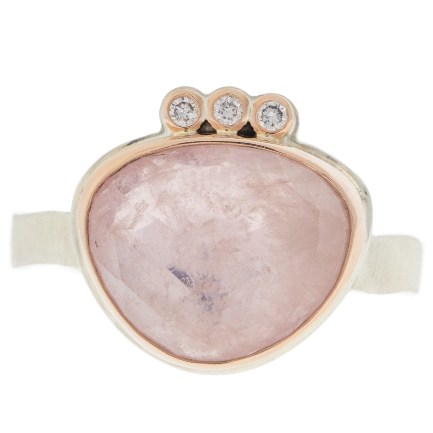 Jamie Joseph: SS & 14k rose gold ring with small asymmetrical rose cut morganite and triple .025ct satellite diamonds on medium live edge band size 6.75
