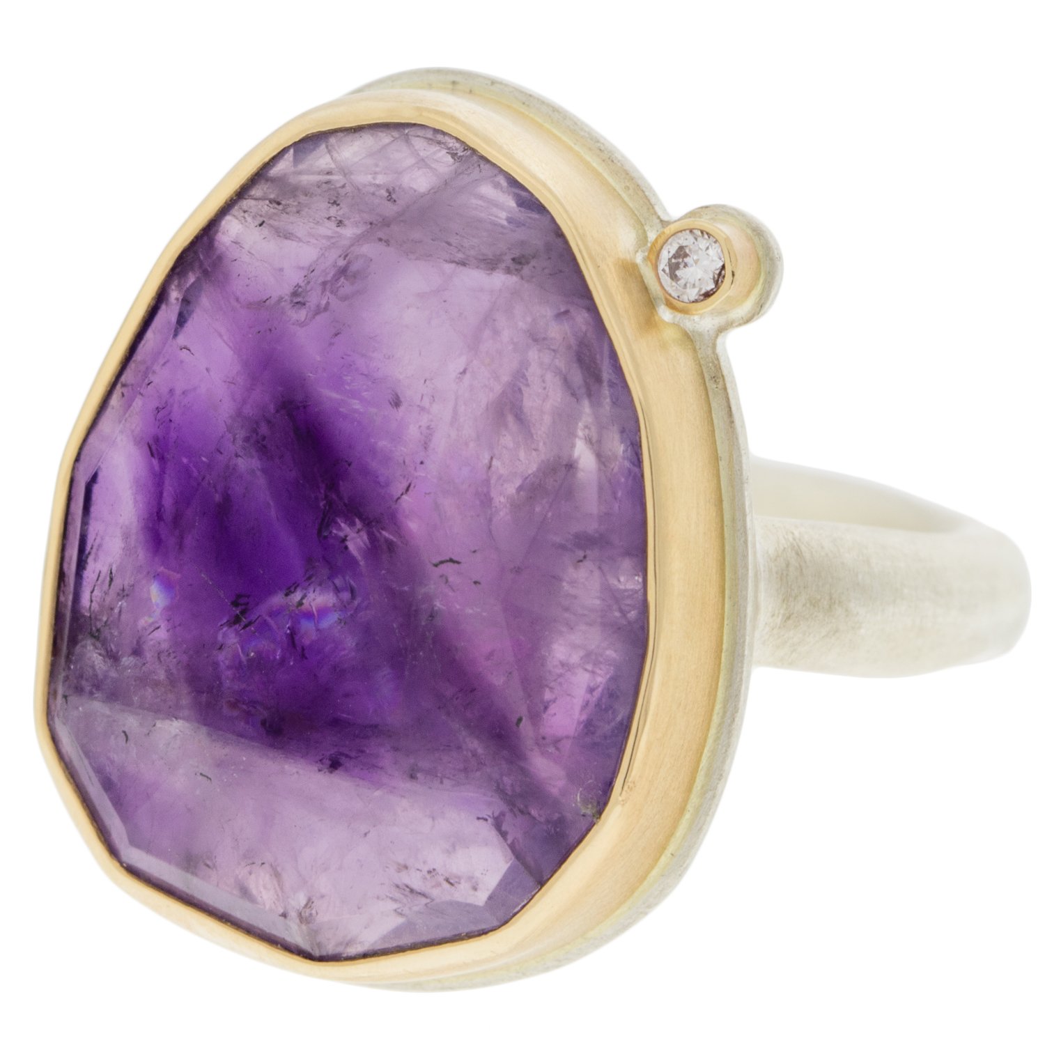 Jamie Joseph: SS & 14k gold ring with vertical asymmetrical rose cut amethyst and .025ct satellite diamond on organic band size 6.75