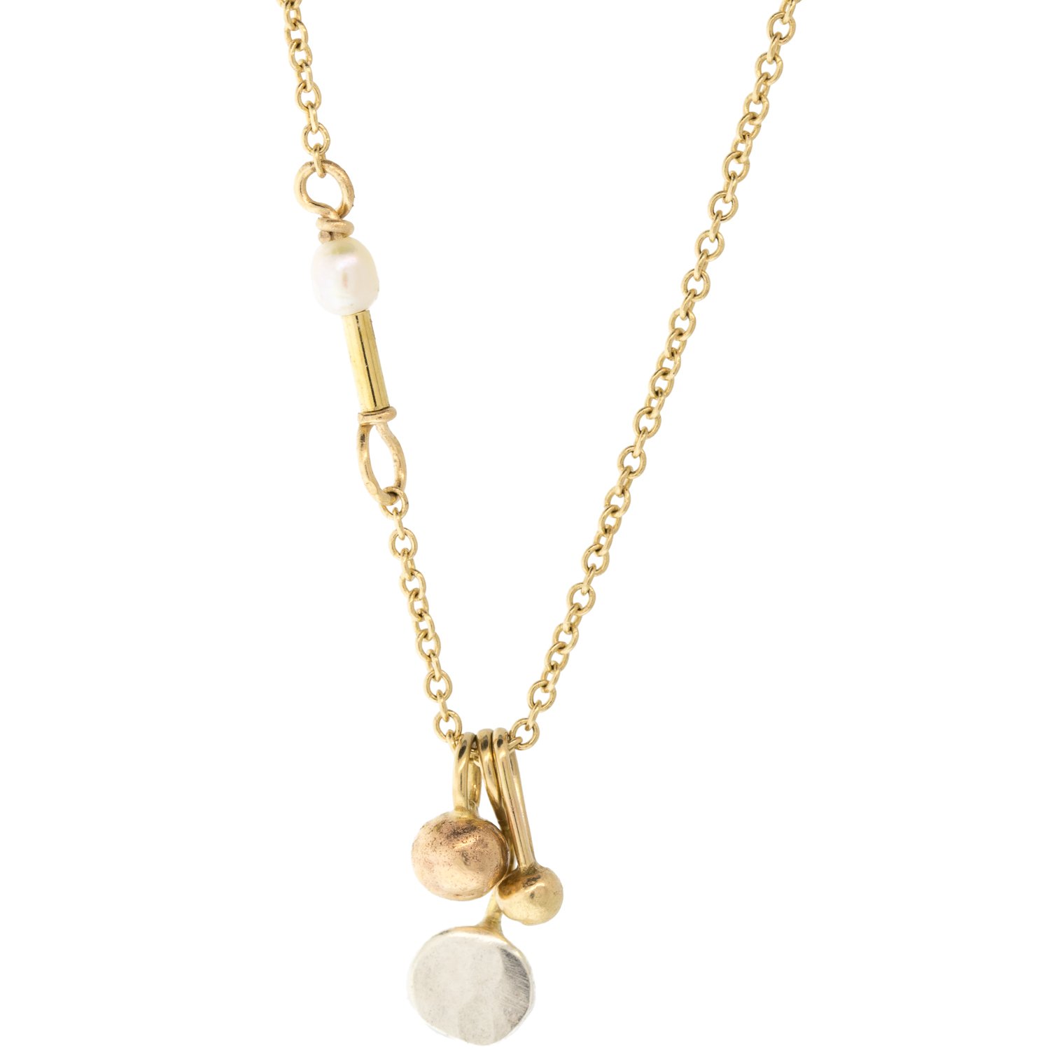 Jane Hollinger: 14k Gold Chain necklace w/ Fine Silver, 14k Handmade Drop Nuggets, 18k beads, Tiny Pearl Accents