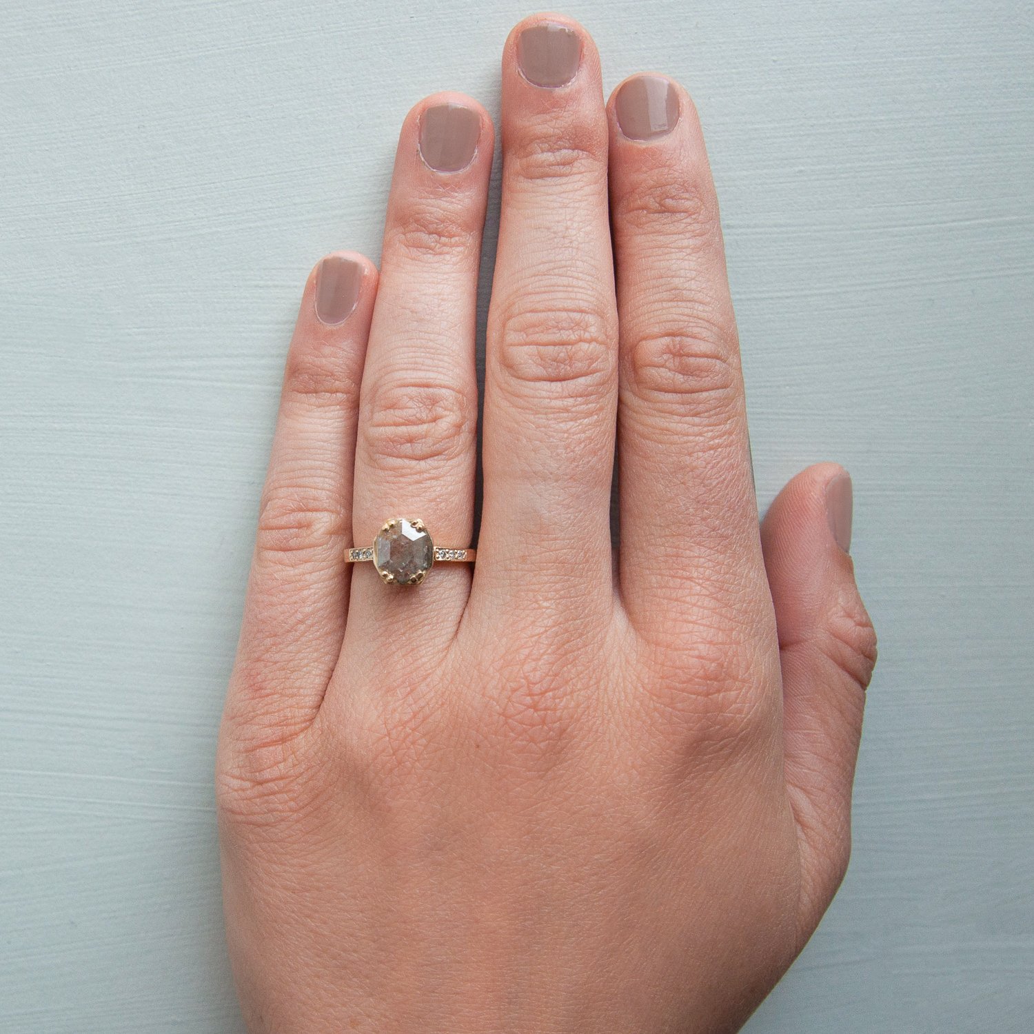 Chinchar/Maloney: Ring, Aira, Gray Diamond .66ct, 6 Gray Pave Diamonds, 14K Recycled Yellow Gold.