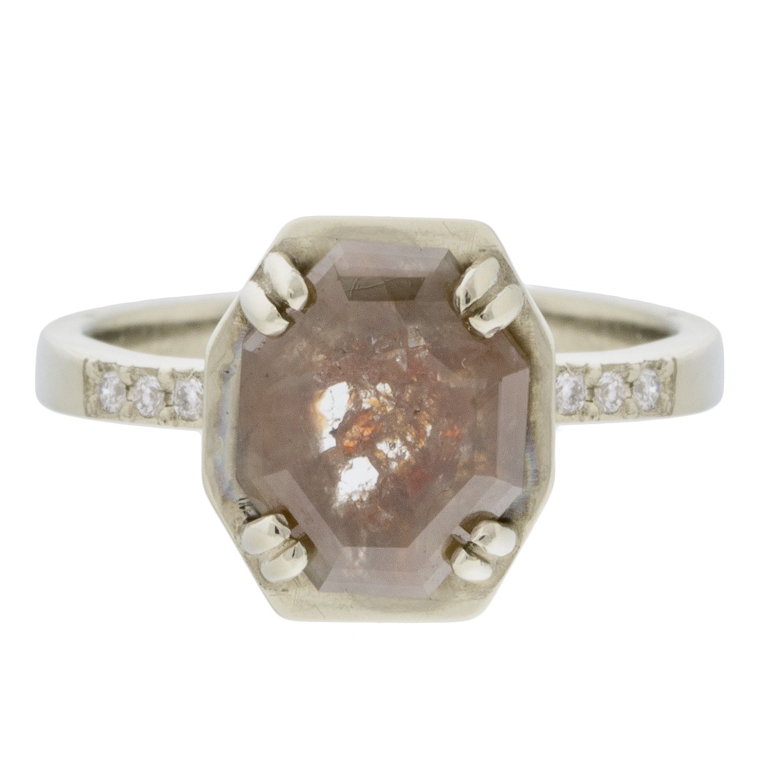 Chinchar/Maloney: MAROA ring in 14K recycled white gold with 1.52 carat pink and red diamond and 10 x 1.2mm white pave diamonds