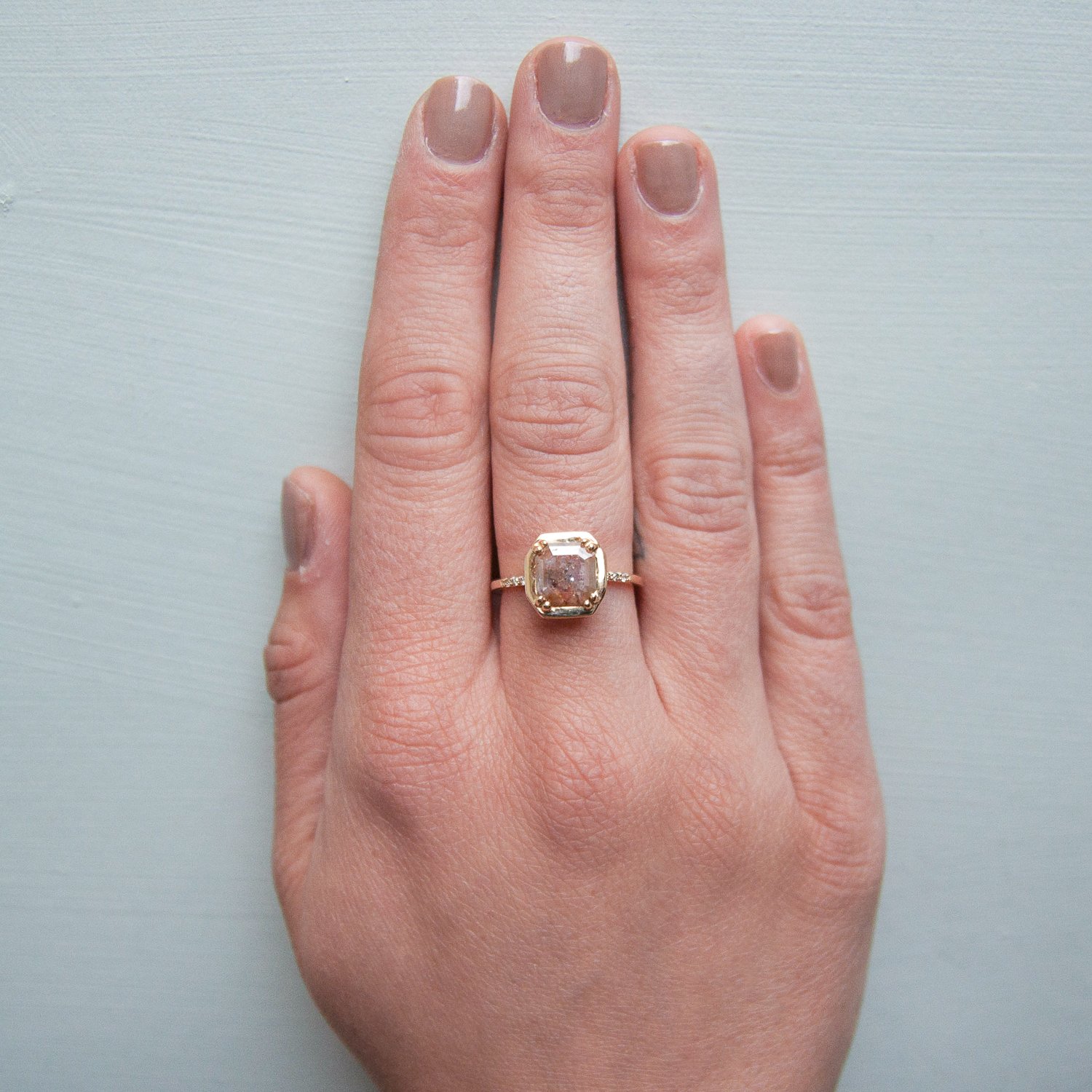 Chinchar/Maloney: MAROA ring in 14K recycled yellow gold with 1.26 carat peach and white diamond and 10 x 1.2mm champagne pave diamonds