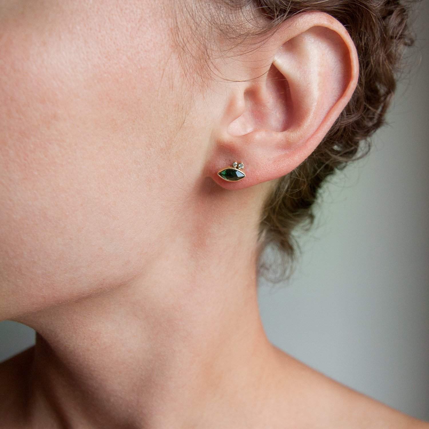 Jamie Joseph: 14K gold post earrings with inverted marquise green tourmaline and two satellite diamonds