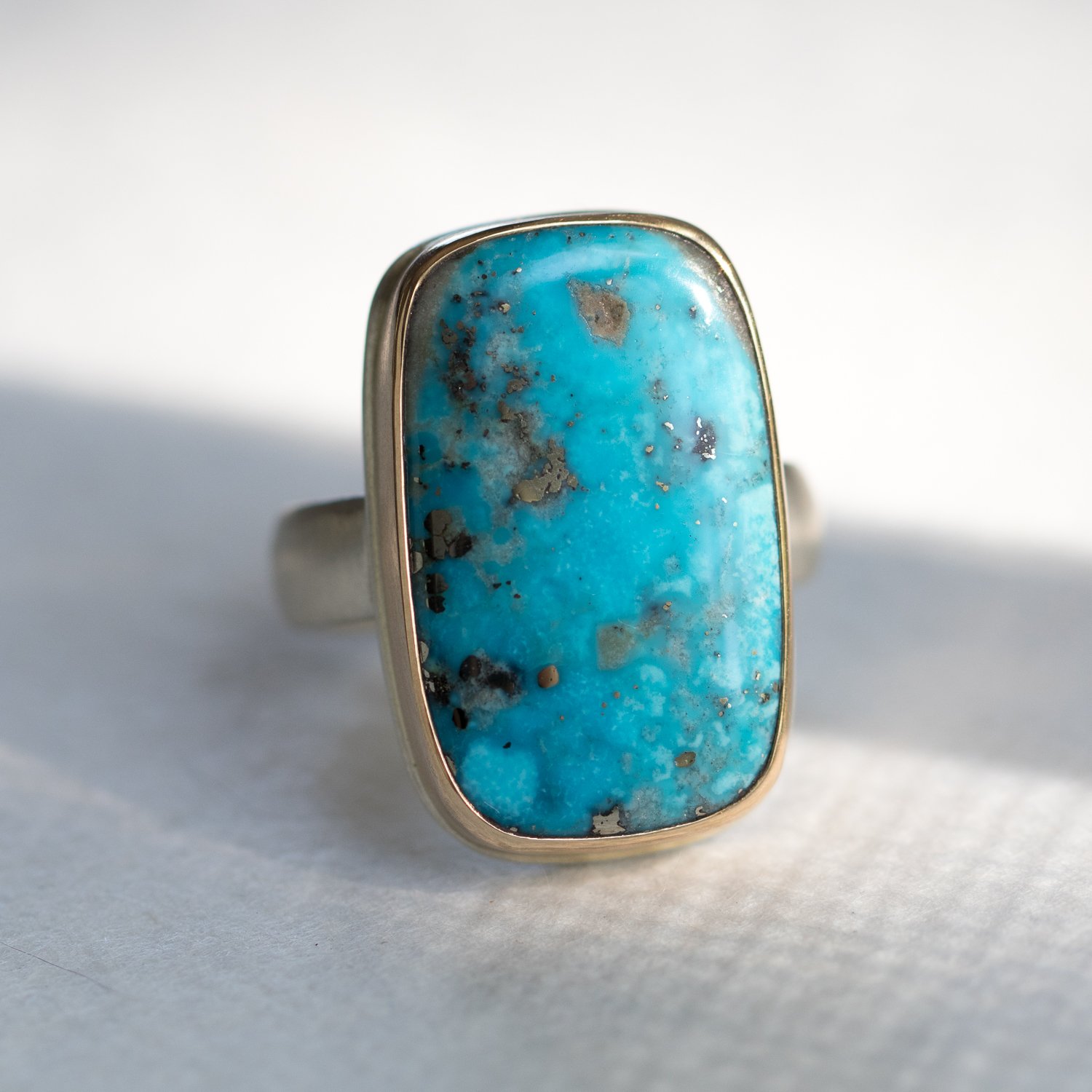 Jamie Joseph: SS & 14k Gold ring w/ Vertical Rectangular Persian Turquoise on comfort fit band