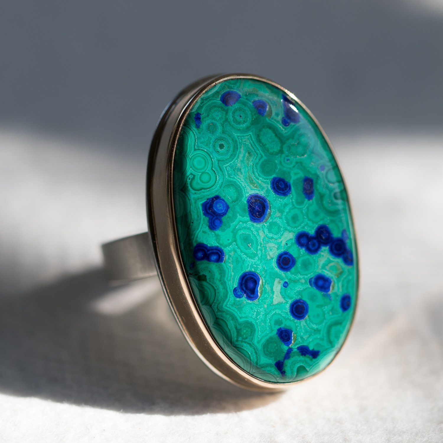 Jamie Joseph: SS & 14k Gold Ring w/ Vertical Oval Chrysocolla-azurite-Malachite on Y band