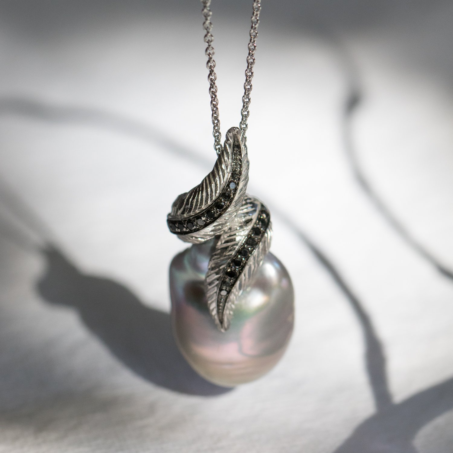 Michael Aram Jewelry: Sterling silver feather grey pearl necklace with black diamonds