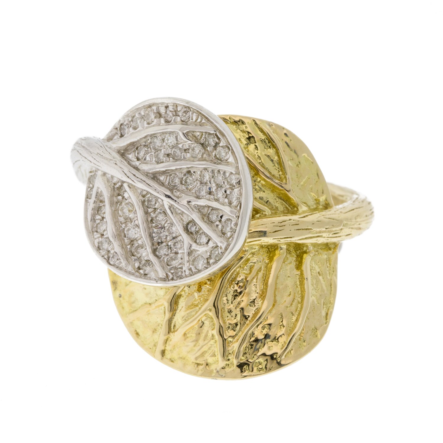 Michael Aram Jewelry: Double botanical leaf ring in sterling silver and yellow gold with white diamond pave leaf