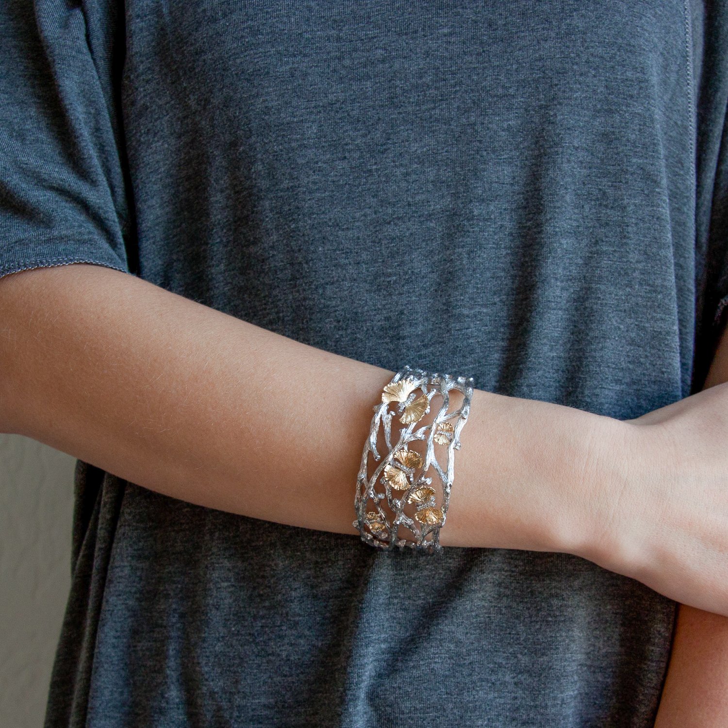 Michael Aram Jewelry: Butterfly ginkgo cuff in yellow gold and sterling silver with diamonds