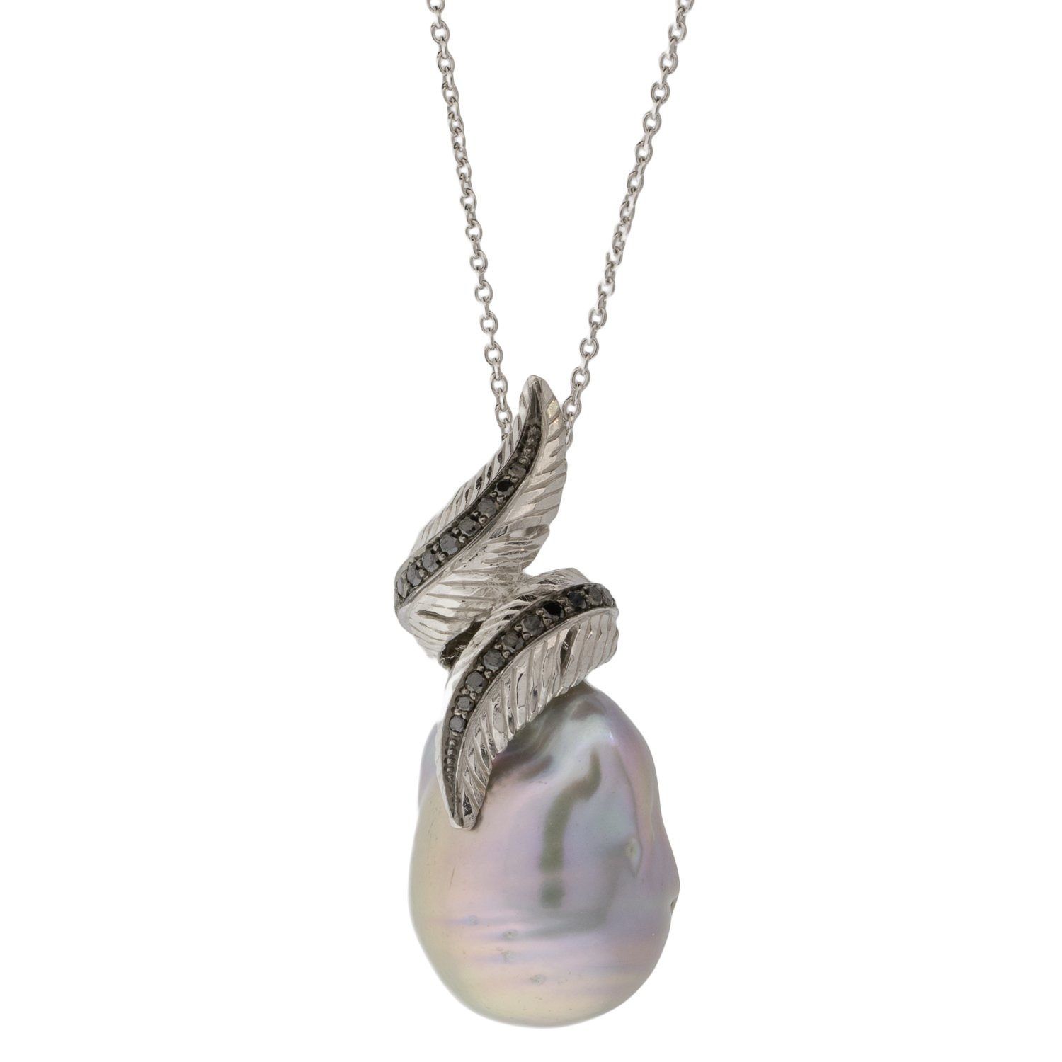 Michael Aram Jewelry: Sterling silver feather grey pearl necklace with black diamonds