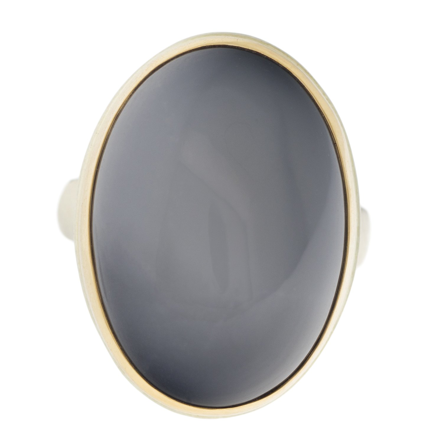 Jamie Joseph: SS & 14k gold w/ large vertical oval smooth grey moonstone on groovy band