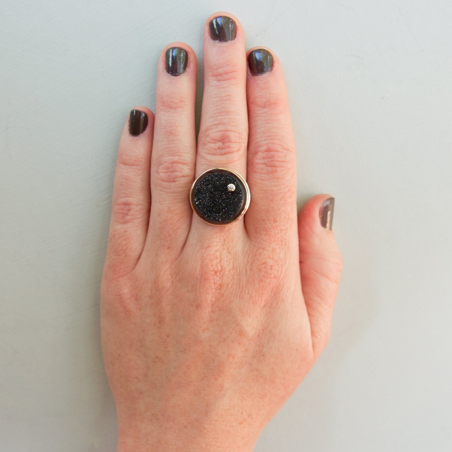 Jamie Joseph: SS & 14K gold ring w/ round black brazillian drusy & .03ct diamond on live edge band