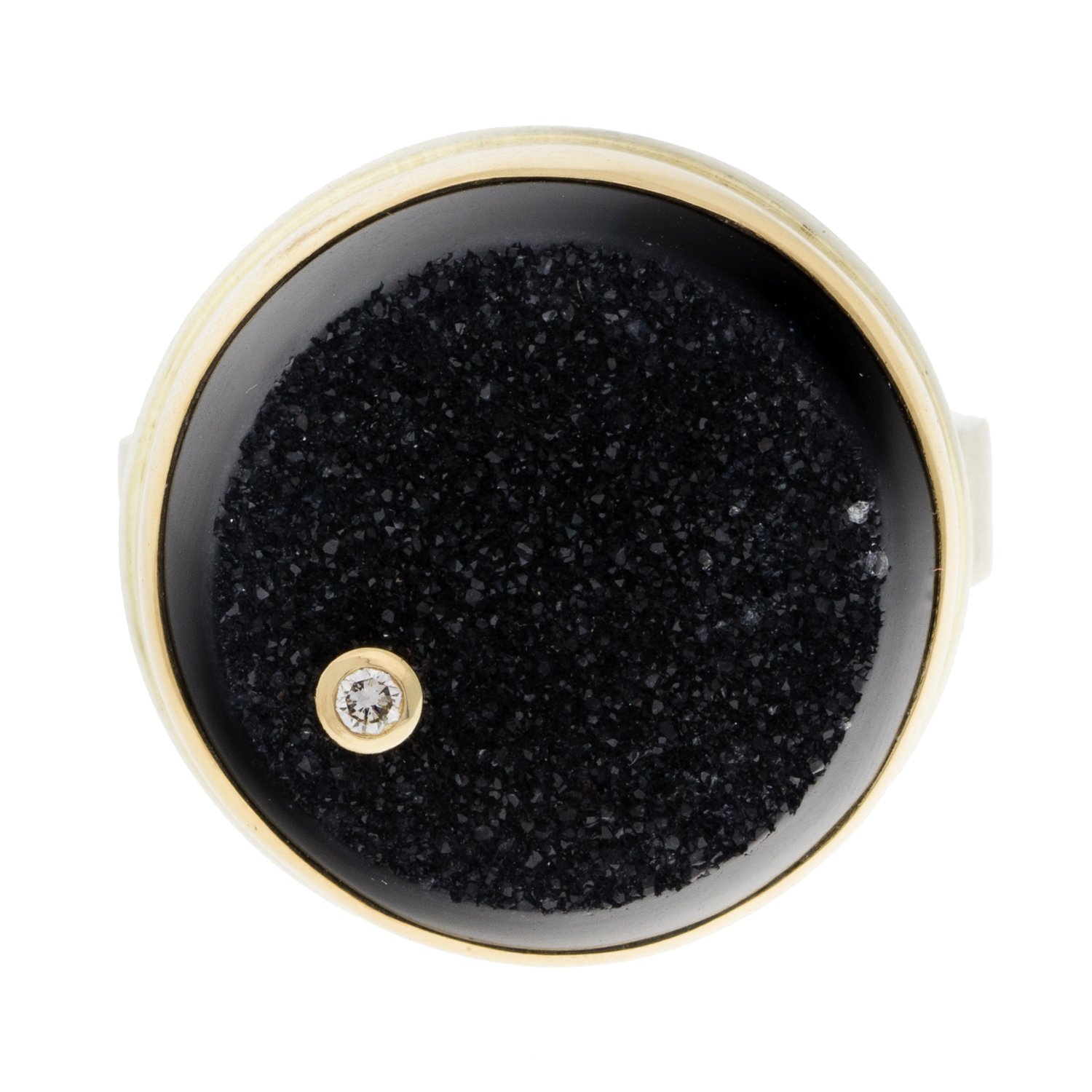 Jamie Joseph: SS & 14K gold ring w/ round black brazillian drusy & .03ct diamond on live edge band