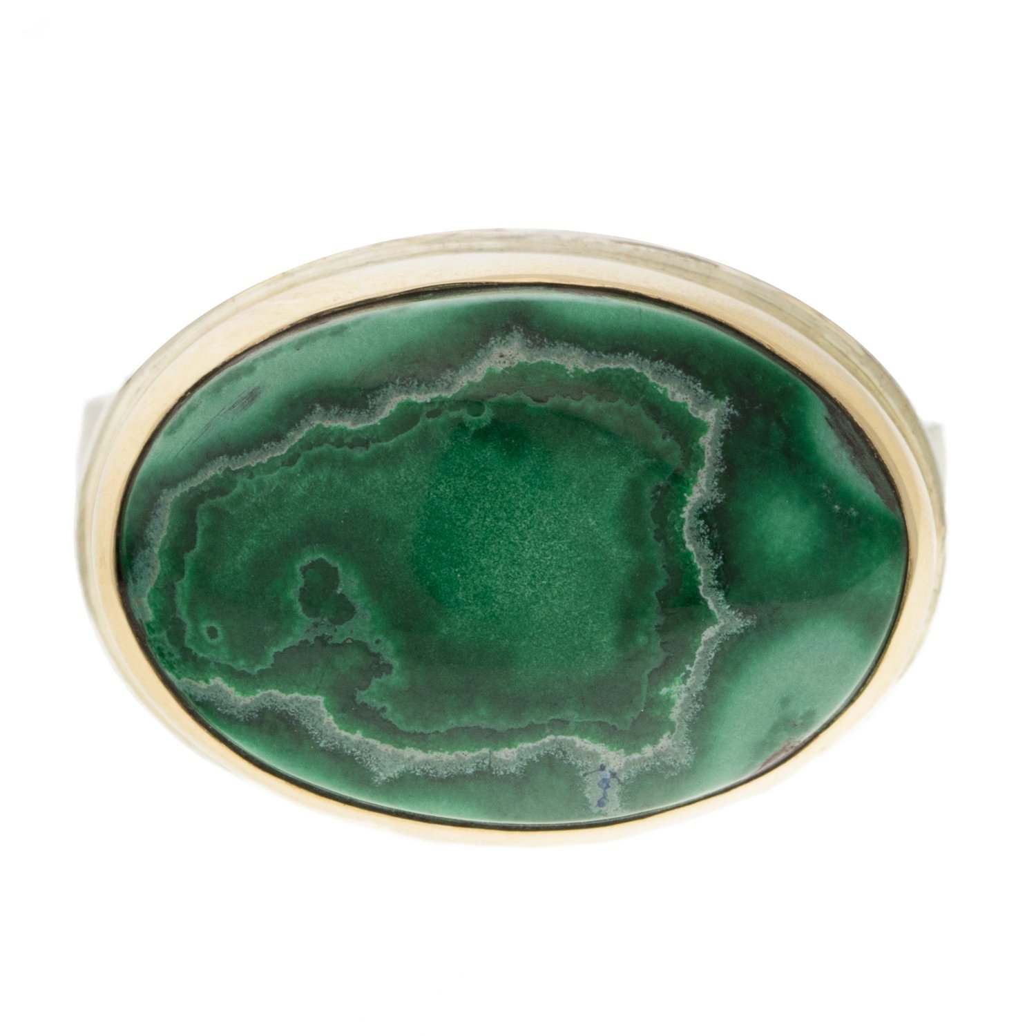 Jamie Joseph: SS & 14k Gold ring w/ Oval Smooth Malachite on live edge band