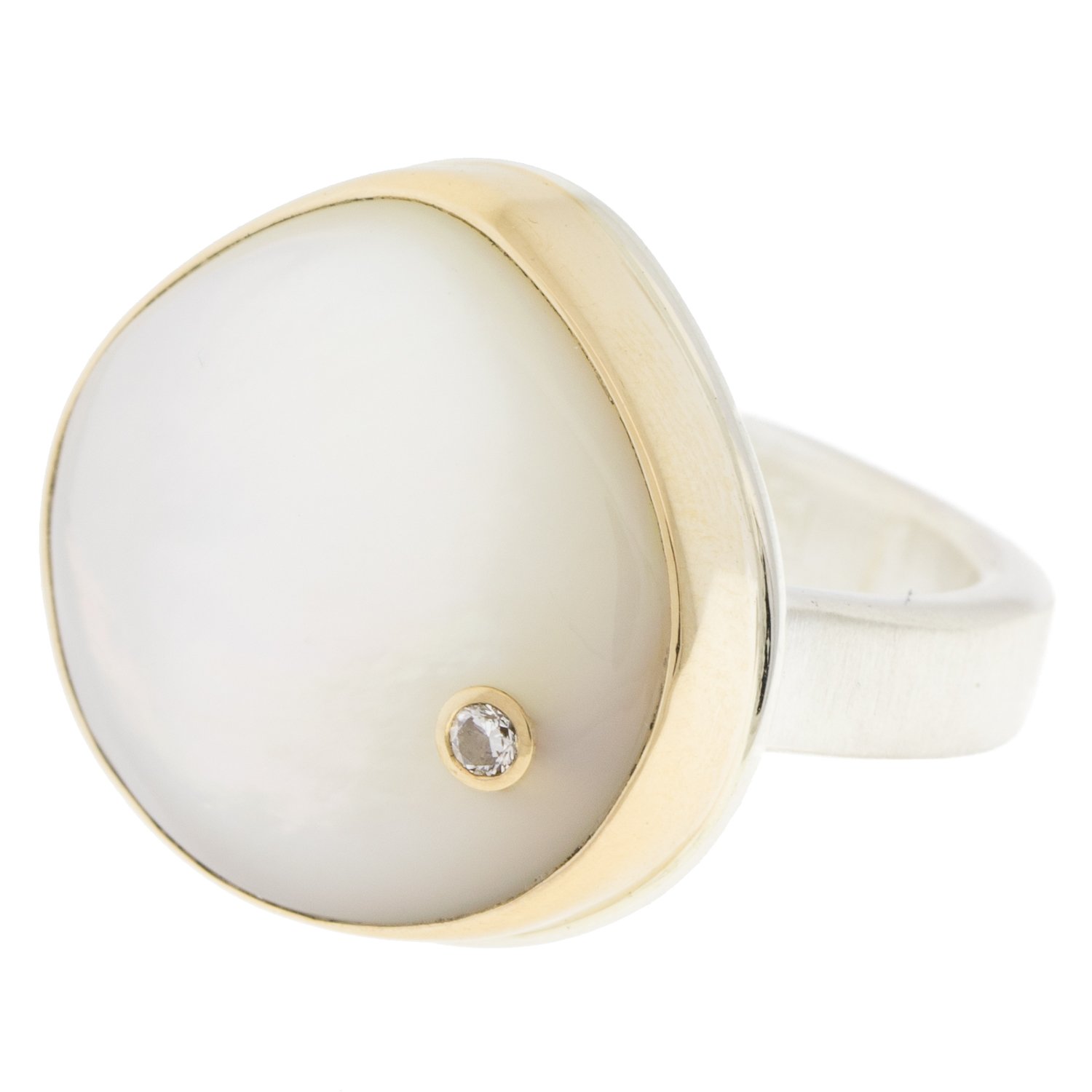 Jamie Joseph: SS & 14K w/ smooth asymmetrical mother of pearl & .03ct diamond on skinny smooth band