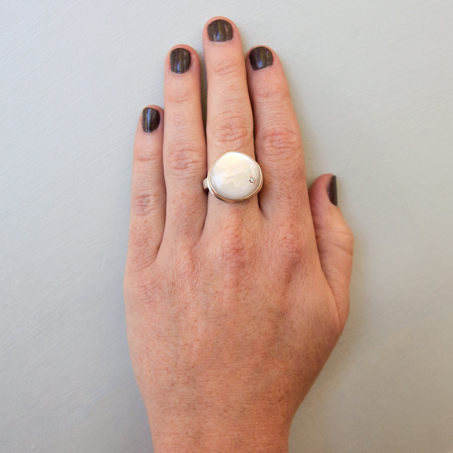 Jamie Joseph: SS & 14K w/ smooth asymmetrical mother of pearl & .03ct diamond on skinny smooth band