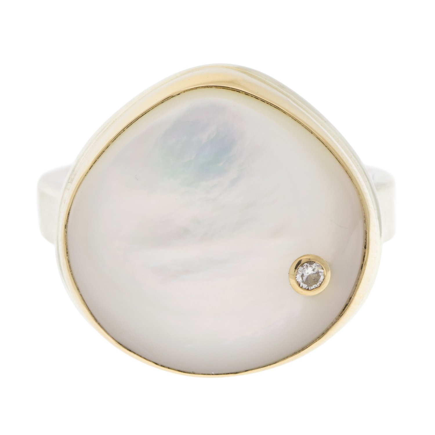 Jamie Joseph: SS & 14K w/ smooth asymmetrical mother of pearl & .03ct diamond on skinny smooth band