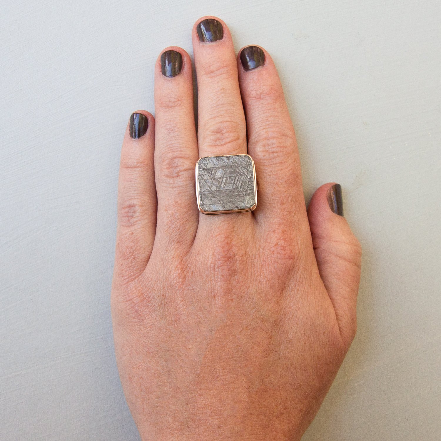Jamie Joseph: SS & 14k gold w/ square scrimshaw meteorite on tapered x band