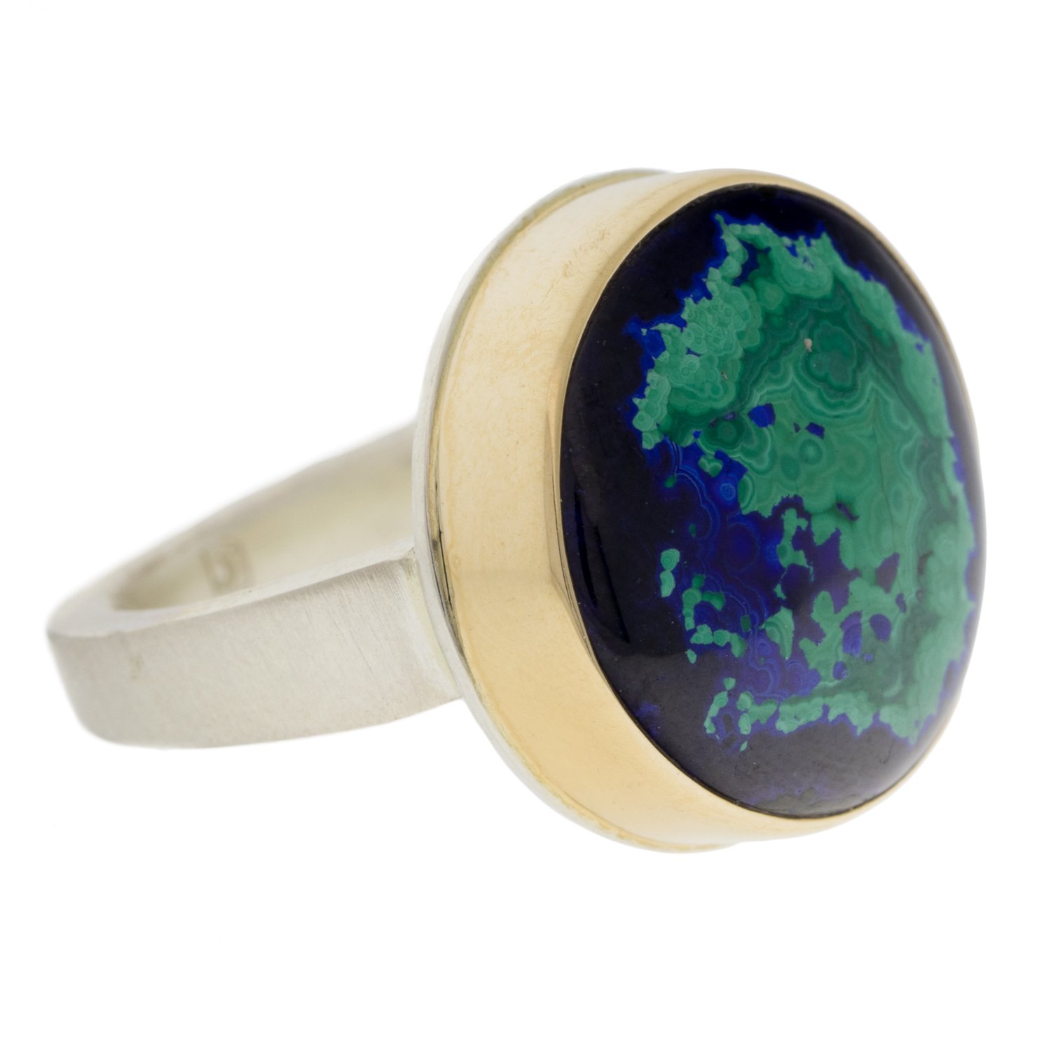 Jamie Joseph: SS & 14k Gold Ring w/ Medium Round Chrysocolla-Malachite-Azurite on tapered X band