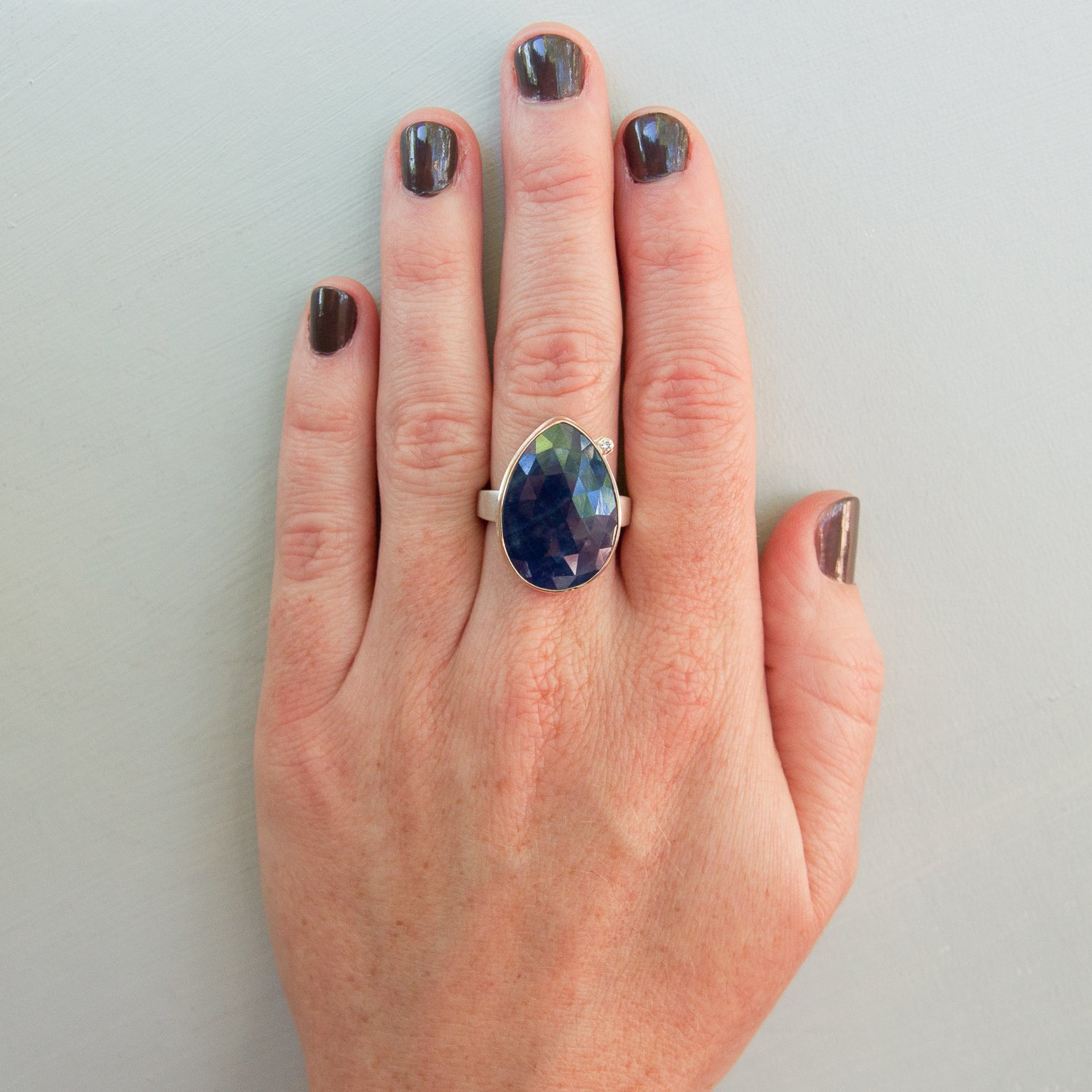 Jamie Joseph: SS & 14k Gold ring w/ Asymmetrical Rose Cut vertical Blue Sapphire on Tapered X band