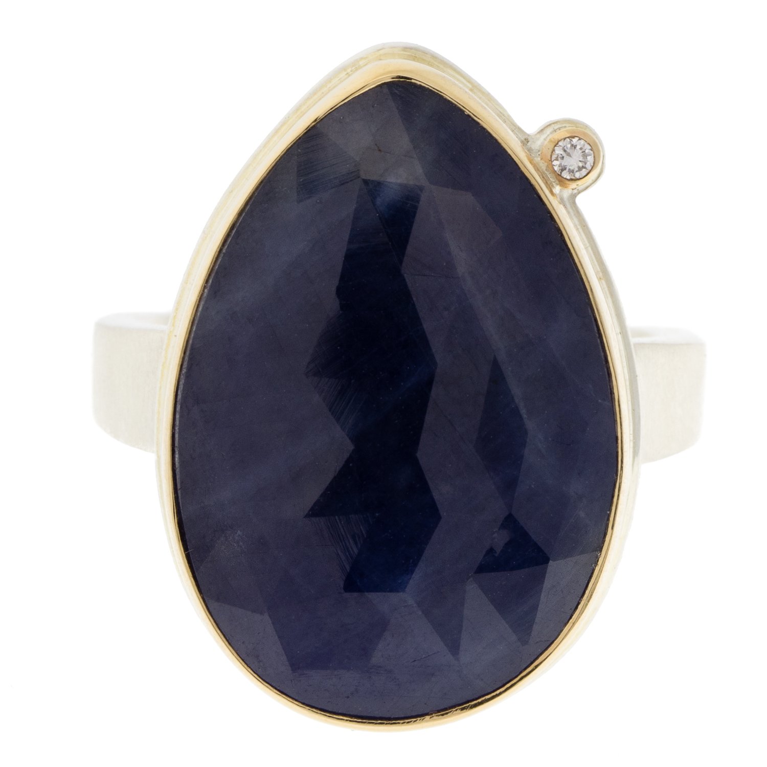 Jamie Joseph: SS & 14k Gold ring w/ Asymmetrical Rose Cut vertical Blue Sapphire on Tapered X band