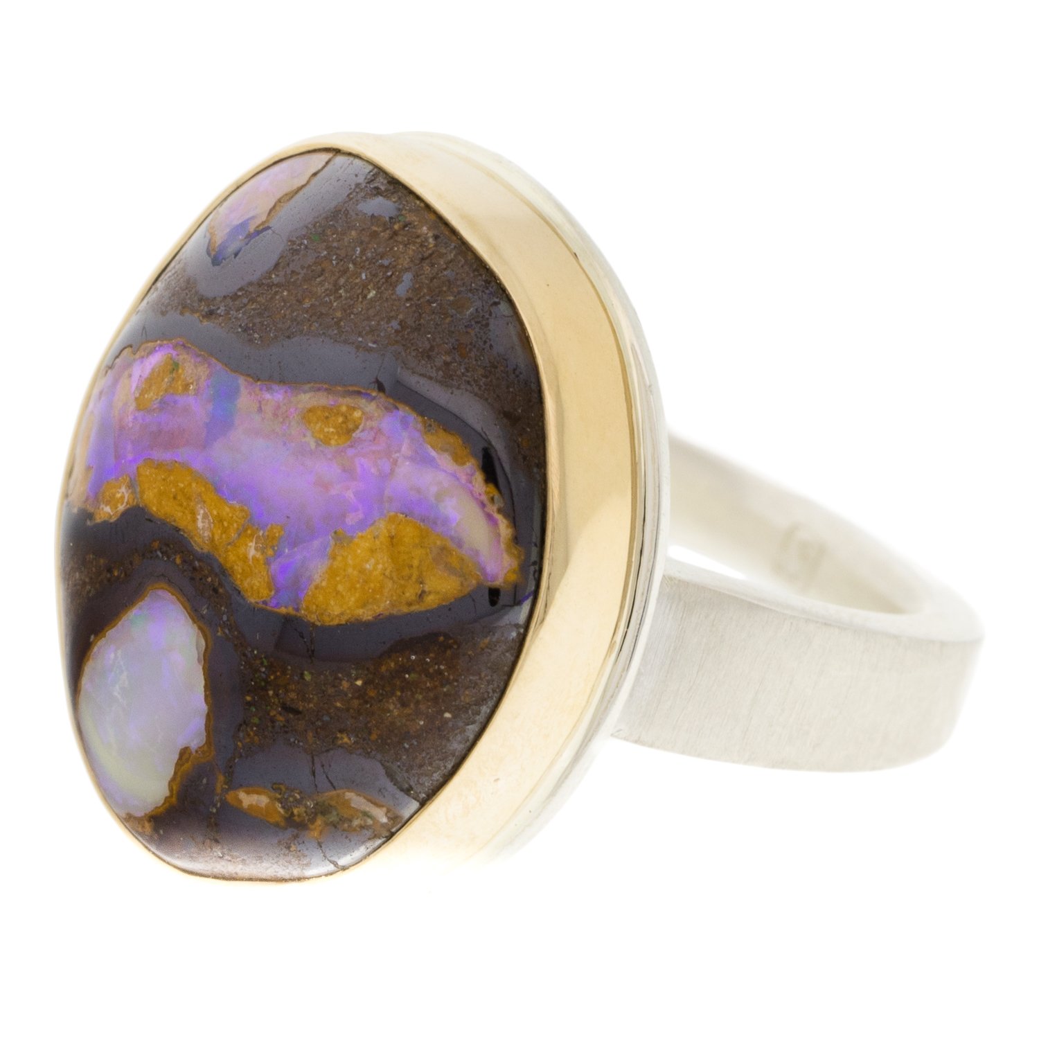Jamie Joseph: SS & 14k Gold ring w/ Vertical Asymmetrical Boulder Opal on Tapered X band