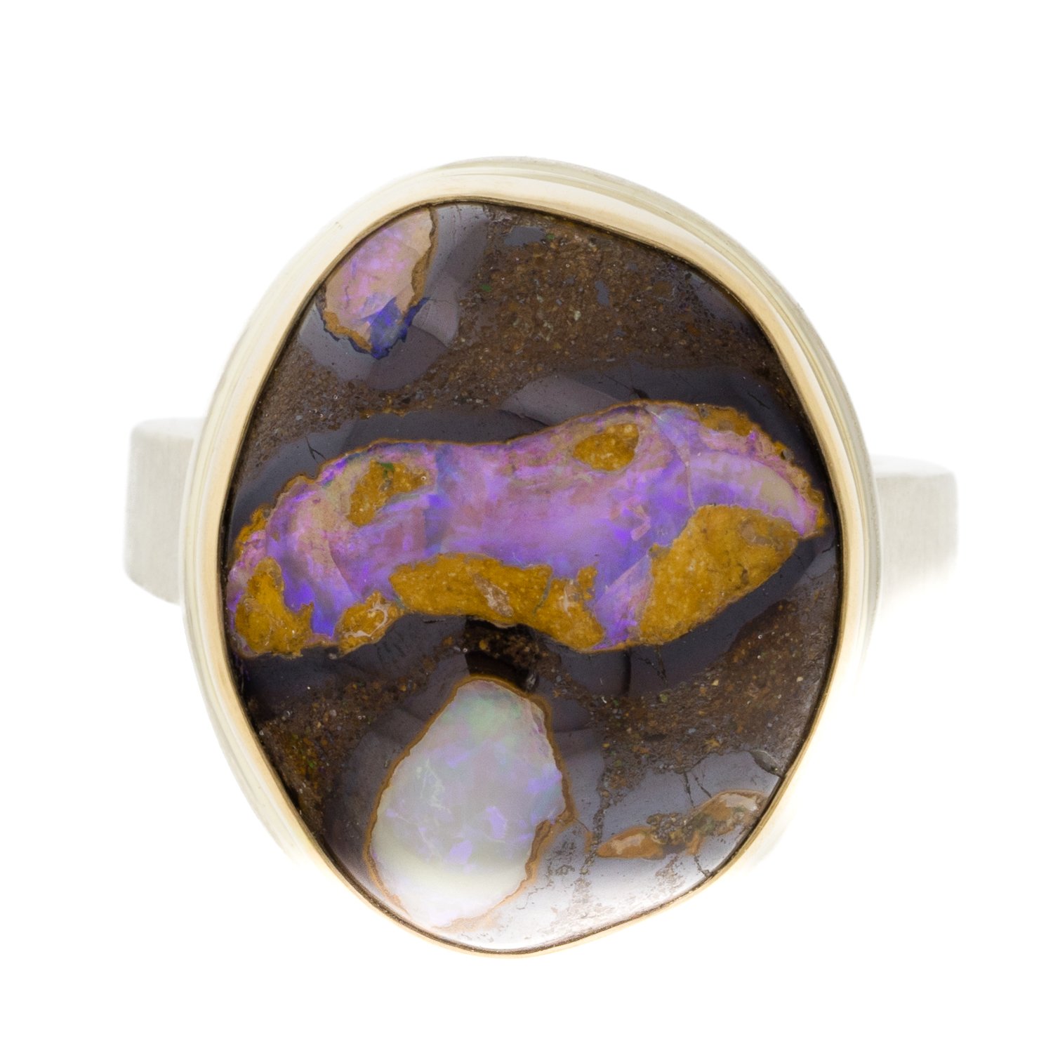 Jamie Joseph: SS & 14k Gold ring w/ Vertical Asymmetrical Boulder Opal on Tapered X band