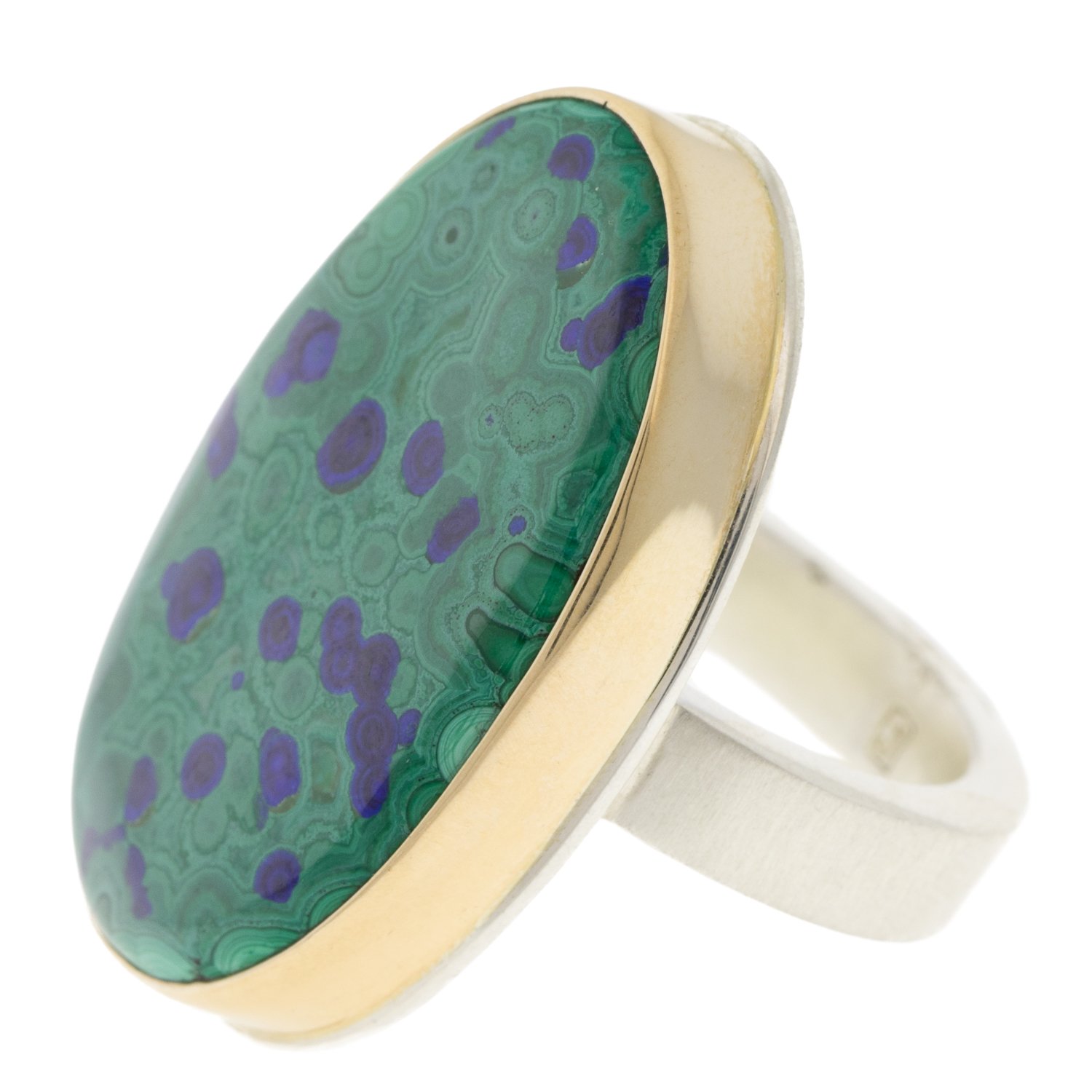 Jamie Joseph: SS & 14k Gold Ring w/ Vertical Oval Chrysocolla-azurite-Malachite on Y band