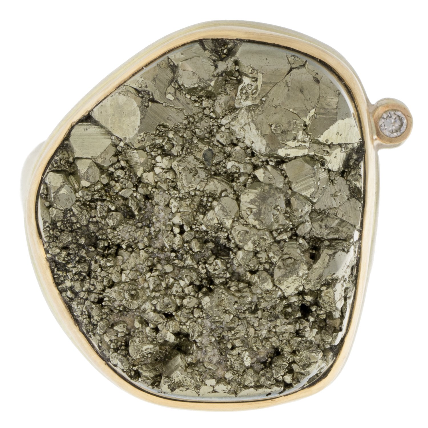 Jamie Joseph: SS & 14k gold w/ open back vertical asymmetrical surface cut pyrite & .03ct diamond on groovy band