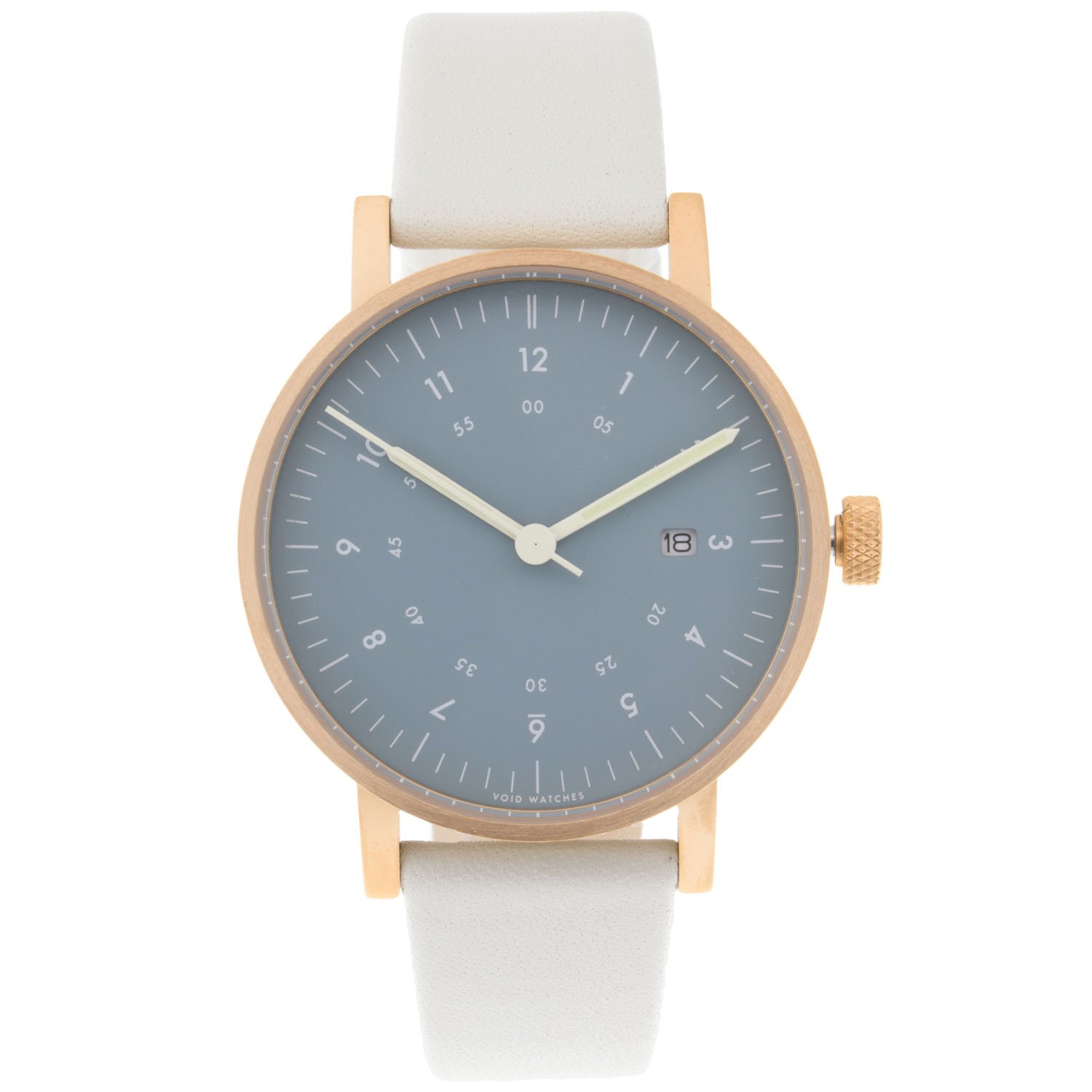 Void Watches: V03D watch with grey leather, copper case, and blue inside dial