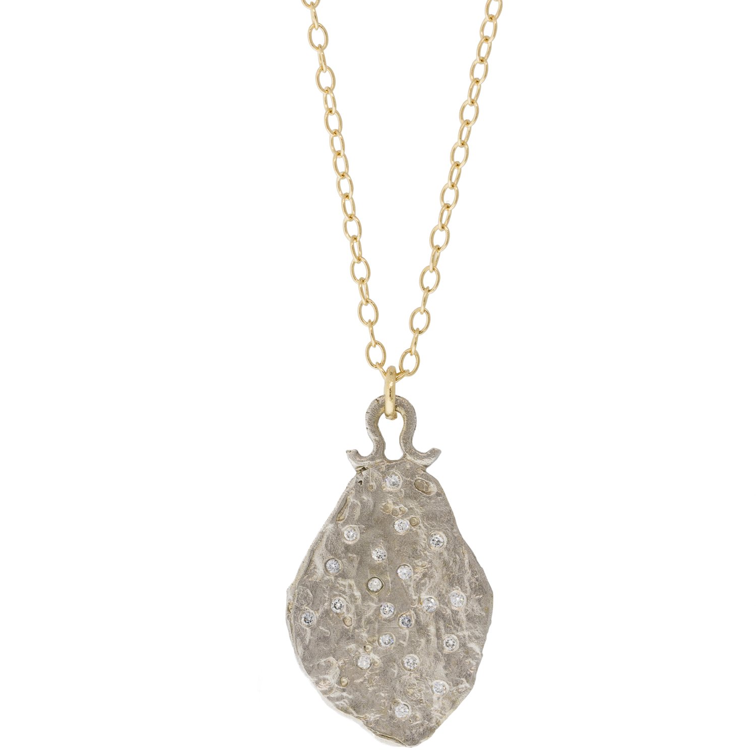 Victoria Cunningham: Necklace, Pendant, Meteorite, Diamonds .12tcw, 14K White Gold, 14K Yellow Gold.