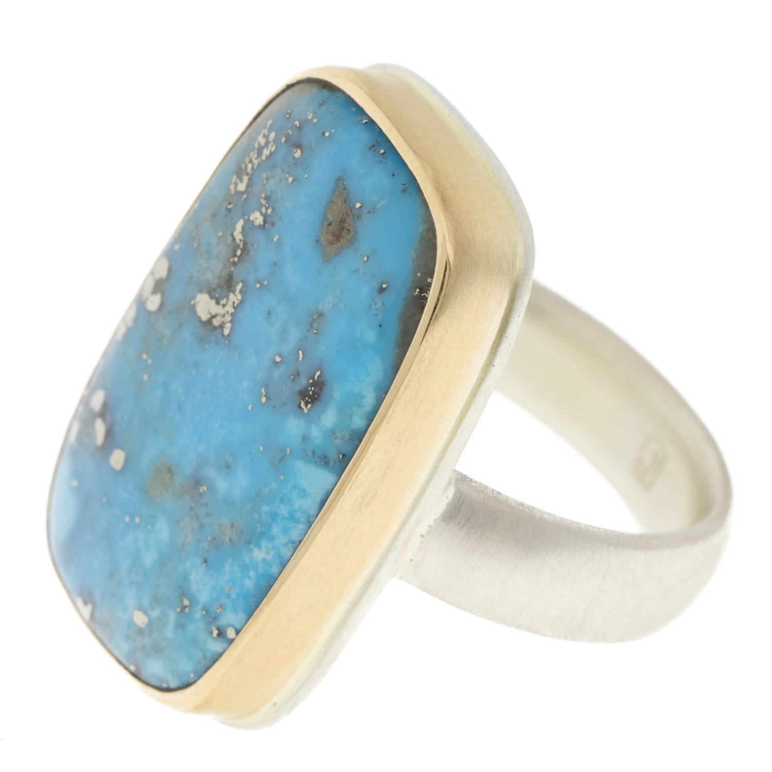 Jamie Joseph: SS & 14k Gold ring w/ Vertical Rectangular Persian Turquoise on comfort fit band