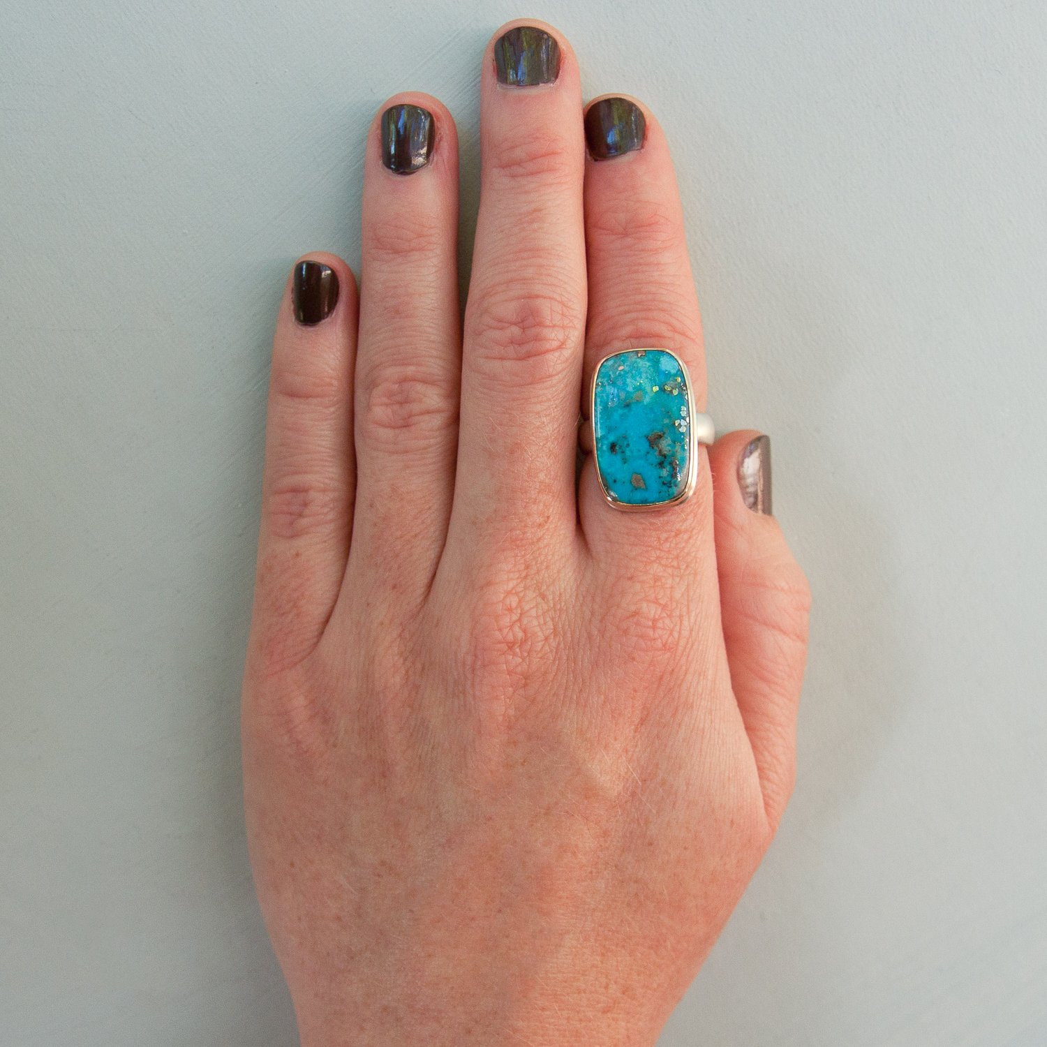 Jamie Joseph: SS & 14k Gold ring w/ Vertical Rectangular Persian Turquoise on comfort fit band