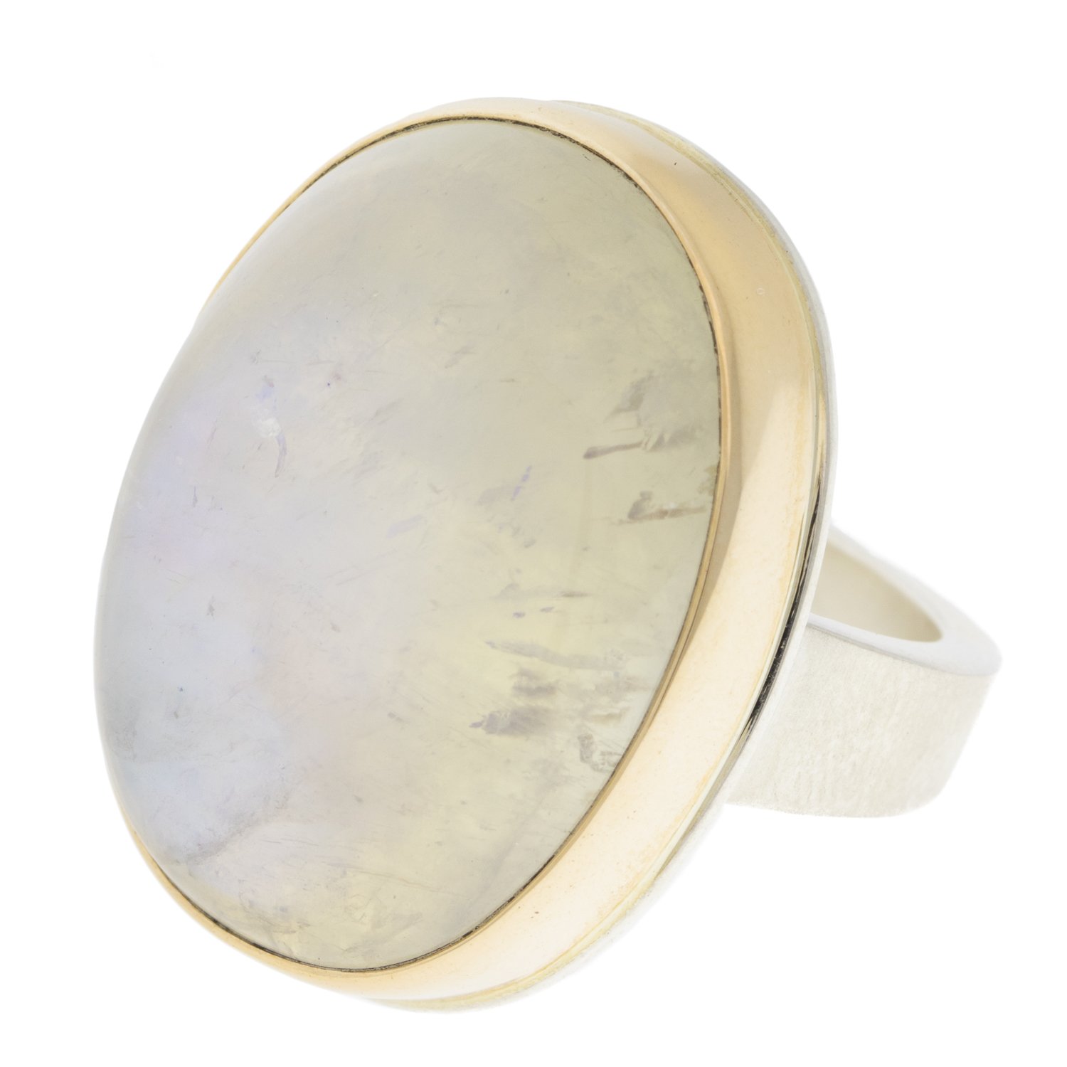 Jamie Joseph: SS & 14k gold w/ large vertical oval smooth white rainbow moonstone on tapered x band