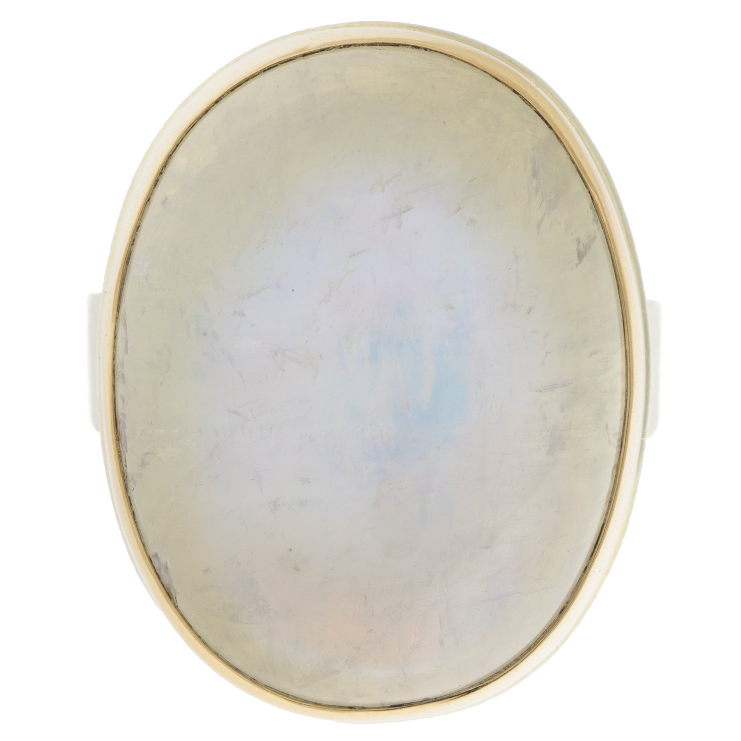Jamie Joseph: SS & 14k gold w/ large vertical oval smooth white rainbow moonstone on tapered x band