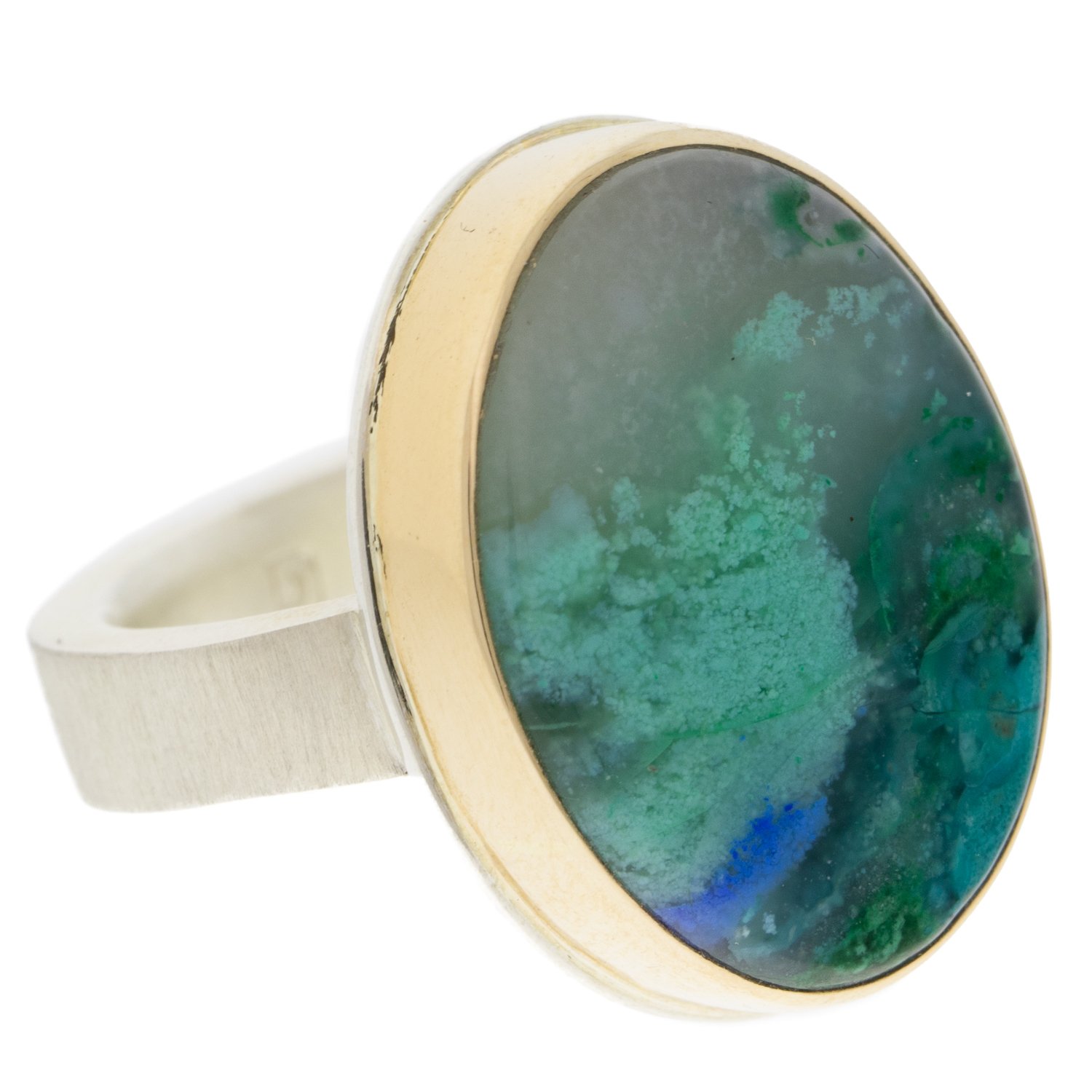 Jamie Joseph: SS & 14k Gold Ring w/ Vertical Oval Smooth Chrysocolla-Azurite-Malachite on Y band