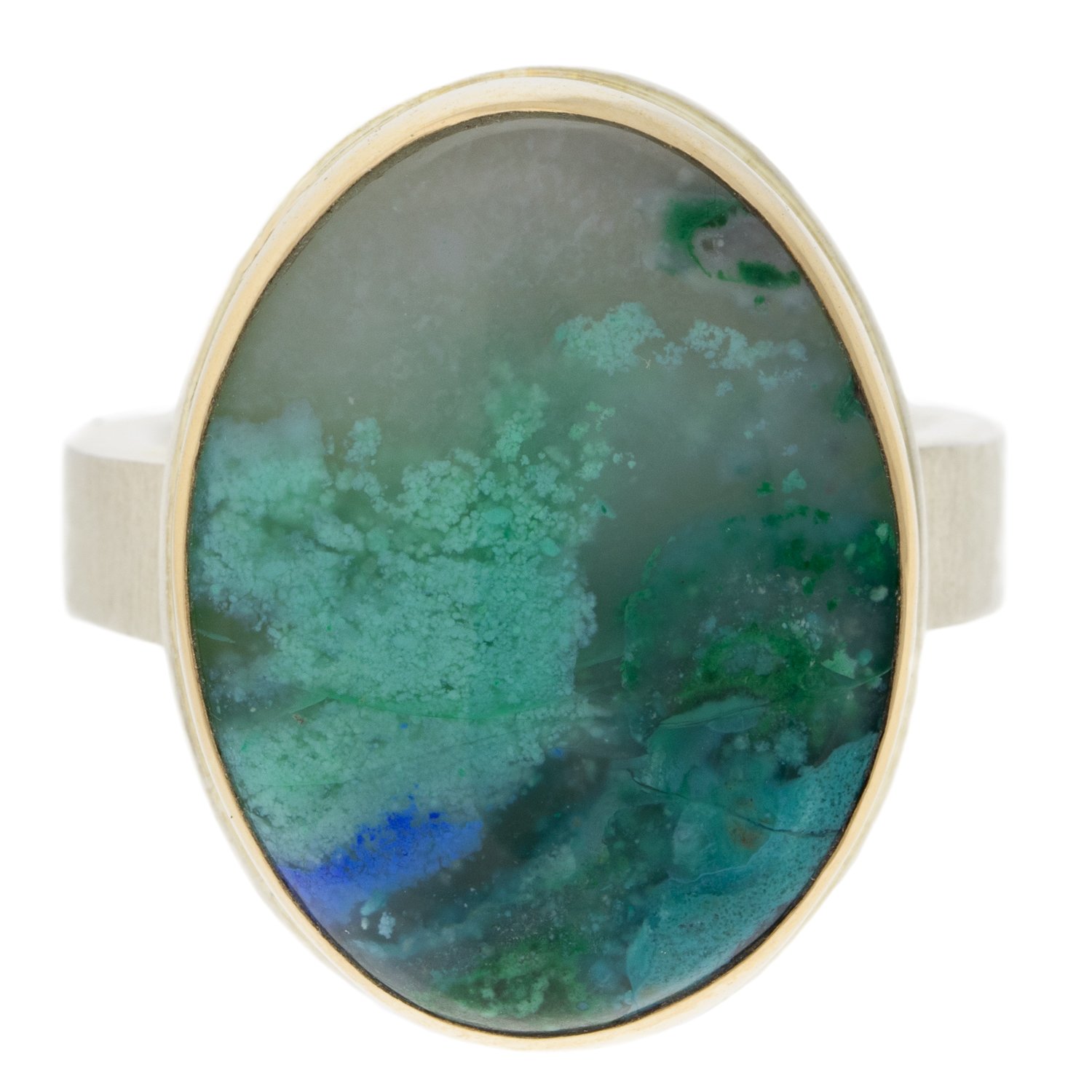 Jamie Joseph: SS & 14k Gold Ring w/ Vertical Oval Smooth Chrysocolla-Azurite-Malachite on Y band