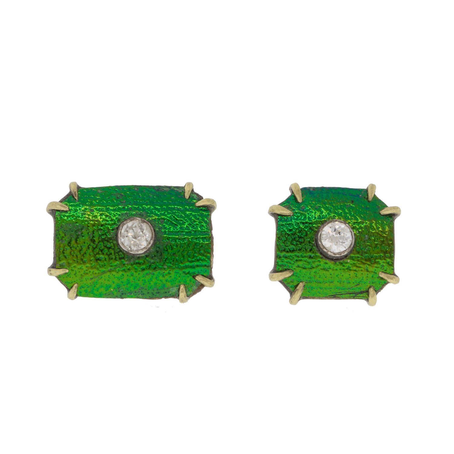 Hannah Blount: Deco Beetle Wing + Diamond Vanity Studs, 14k & oxidized silver