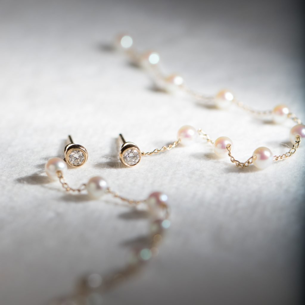 gold pearl and diamond earrings by mizuki