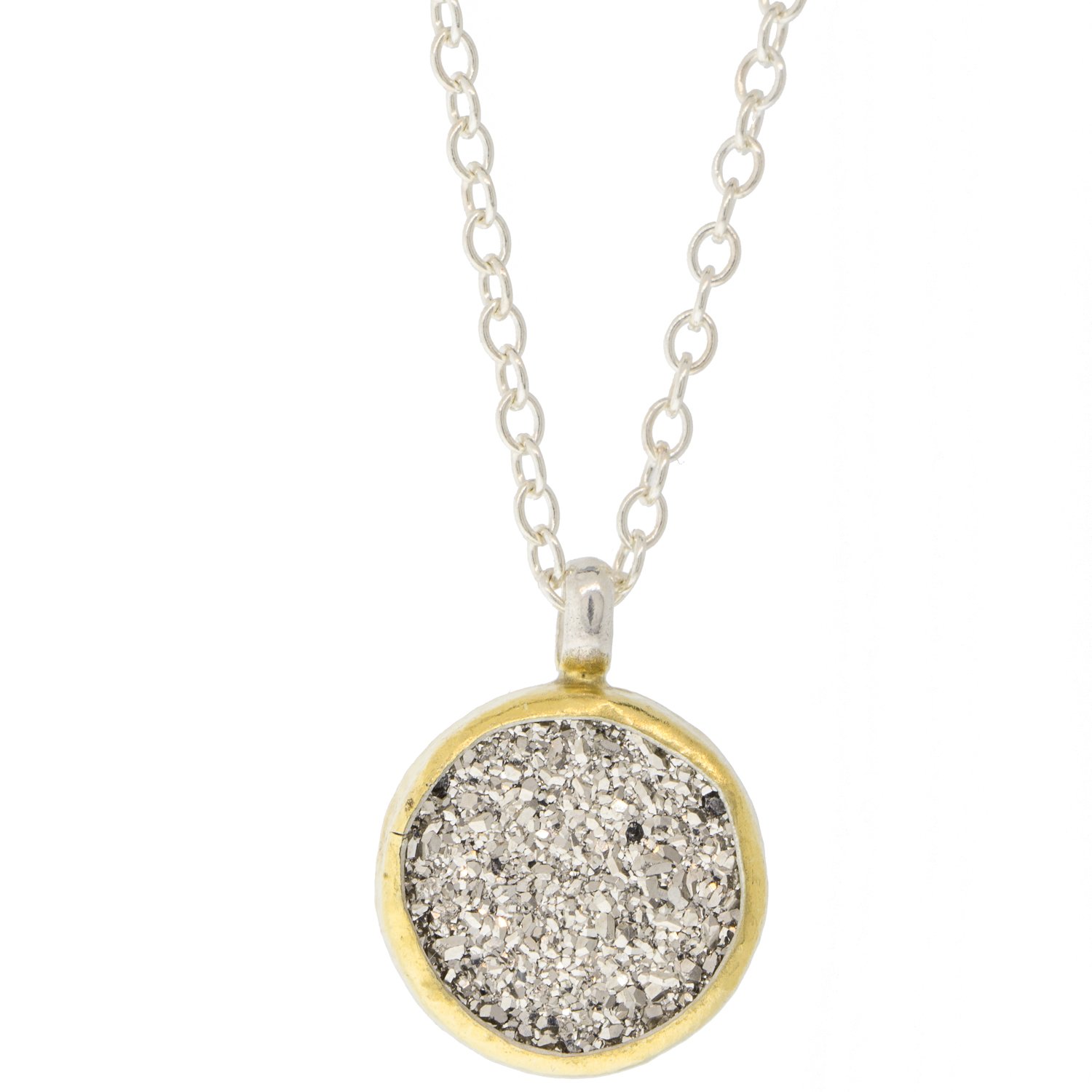 Gurhan: Sterling silver layered with 24K gold mystere necklace with round silvery-white drusy quartz on sterling silver chain with mini lobster clasp
