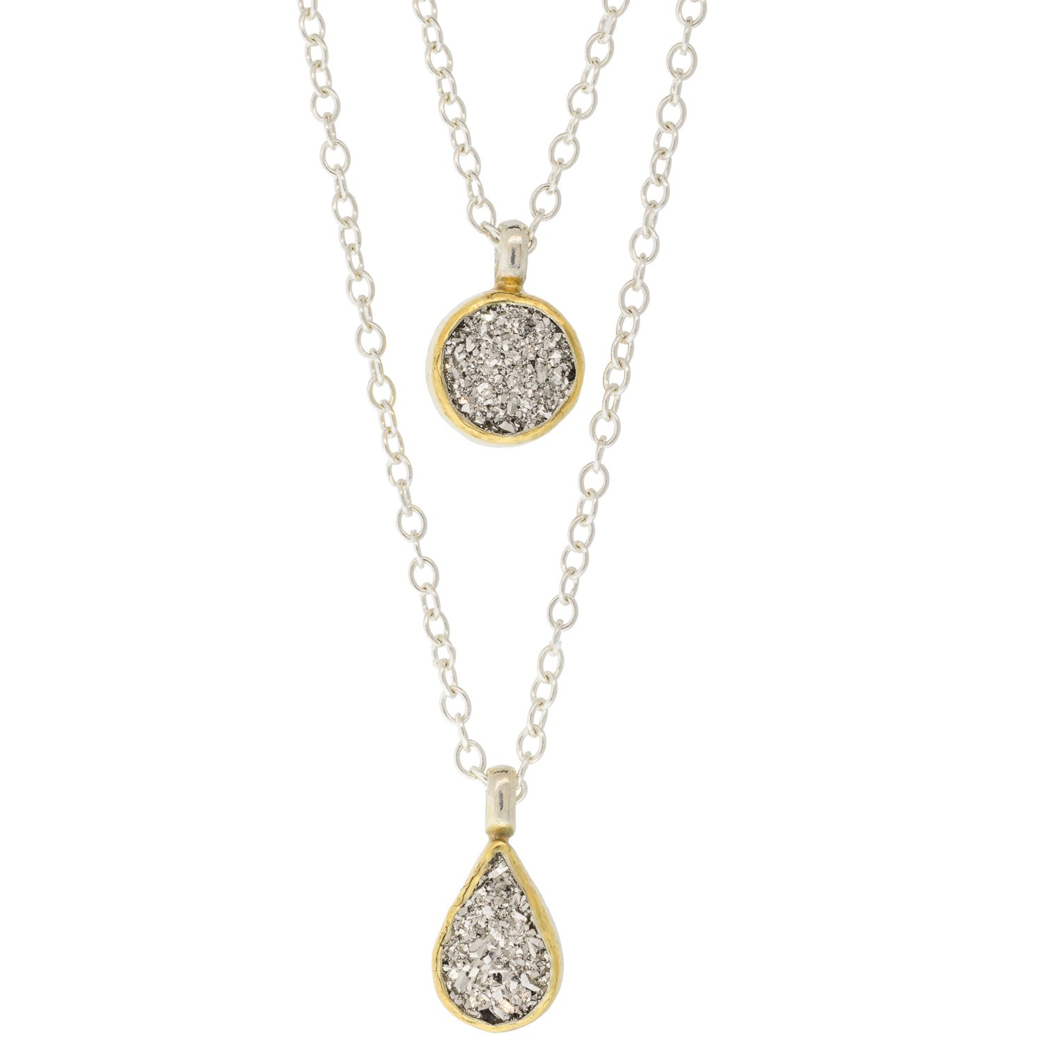 Gurhan: Sterling silver layered with 24K gold mystere double strand necklace with round and teardrop silvery-white drusy quartz on sterling silver chain with mini lobster clasp