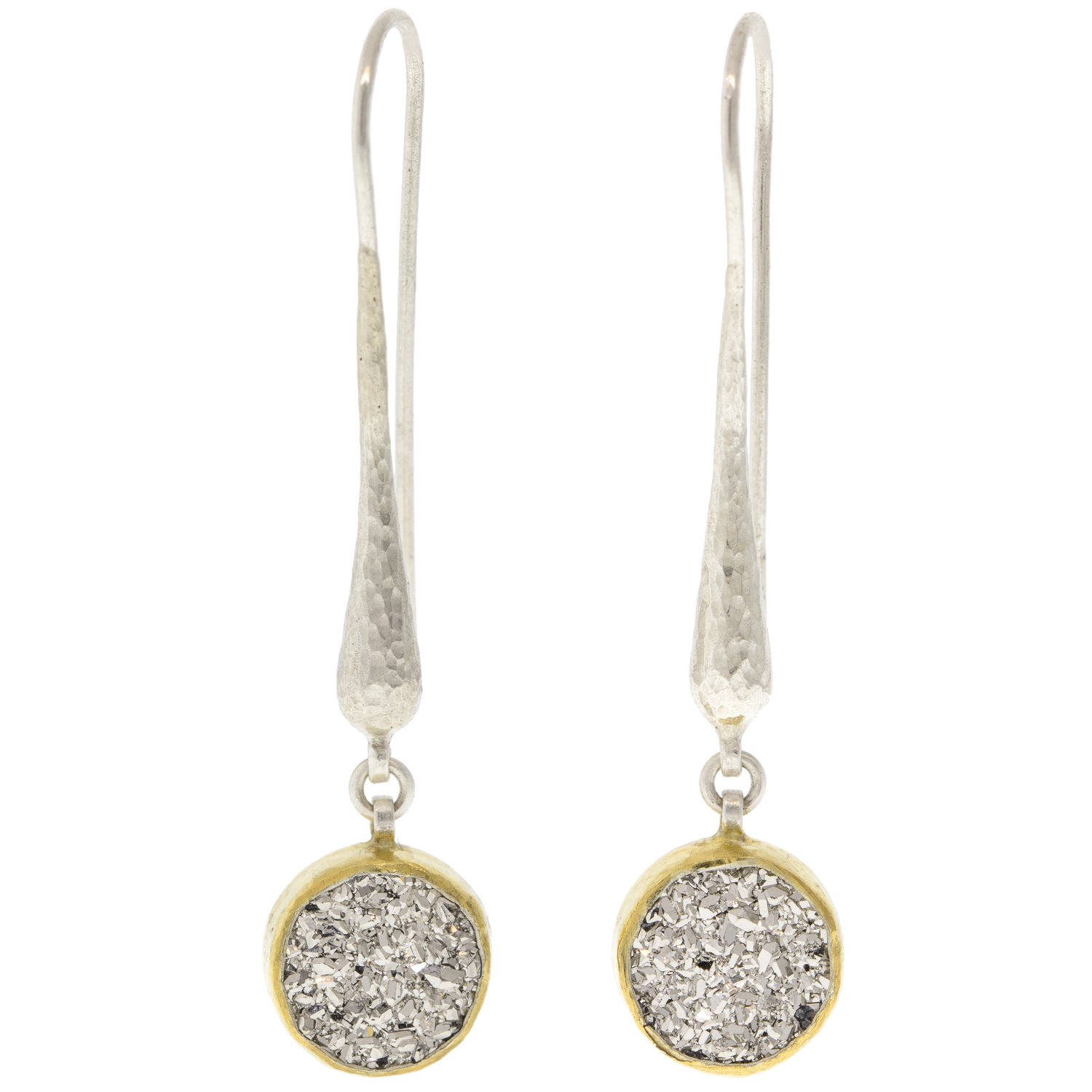 Gurhan: Sterling silver layered with 24K gold mystere drop earring with white drusy quartz on couture hook