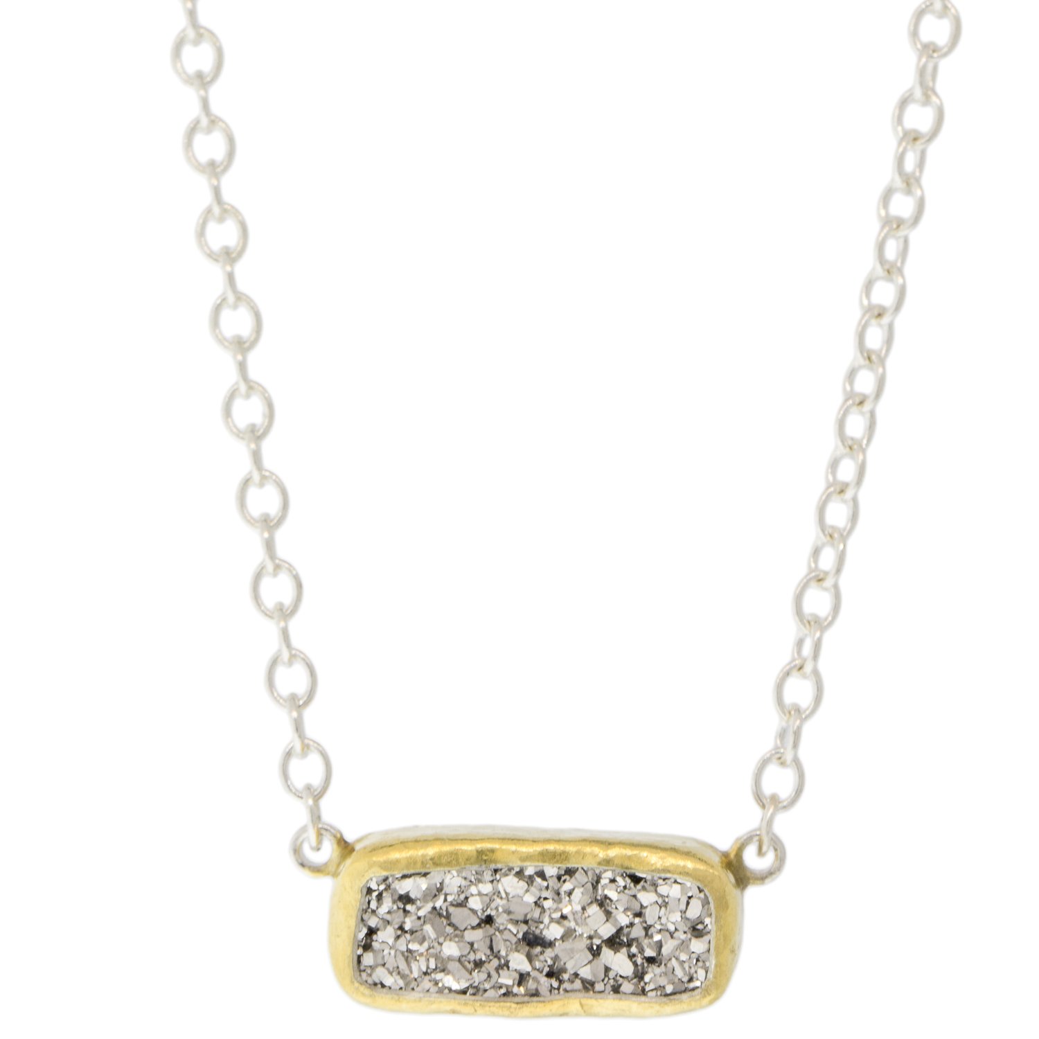 Gurhan: Sterling silver layered with 24K gold mystere necklace with rectangular silvery-white drusy quartz on sterling silver chain with mini lobster clasp
