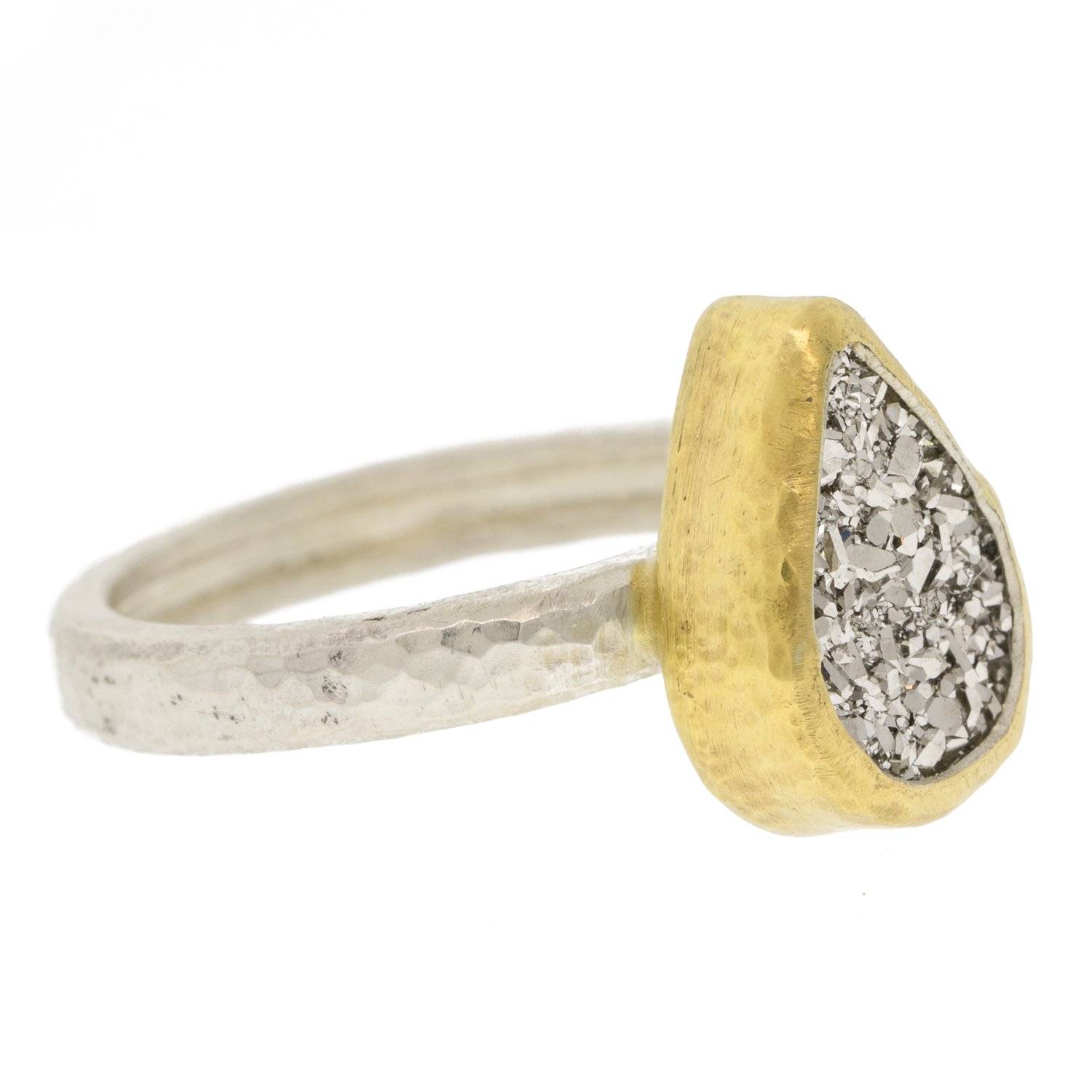Gurhan: Sterling silver layered with 24K gold mystere ring with vertical teardrop silvery-white drusy quartz on skittle shank